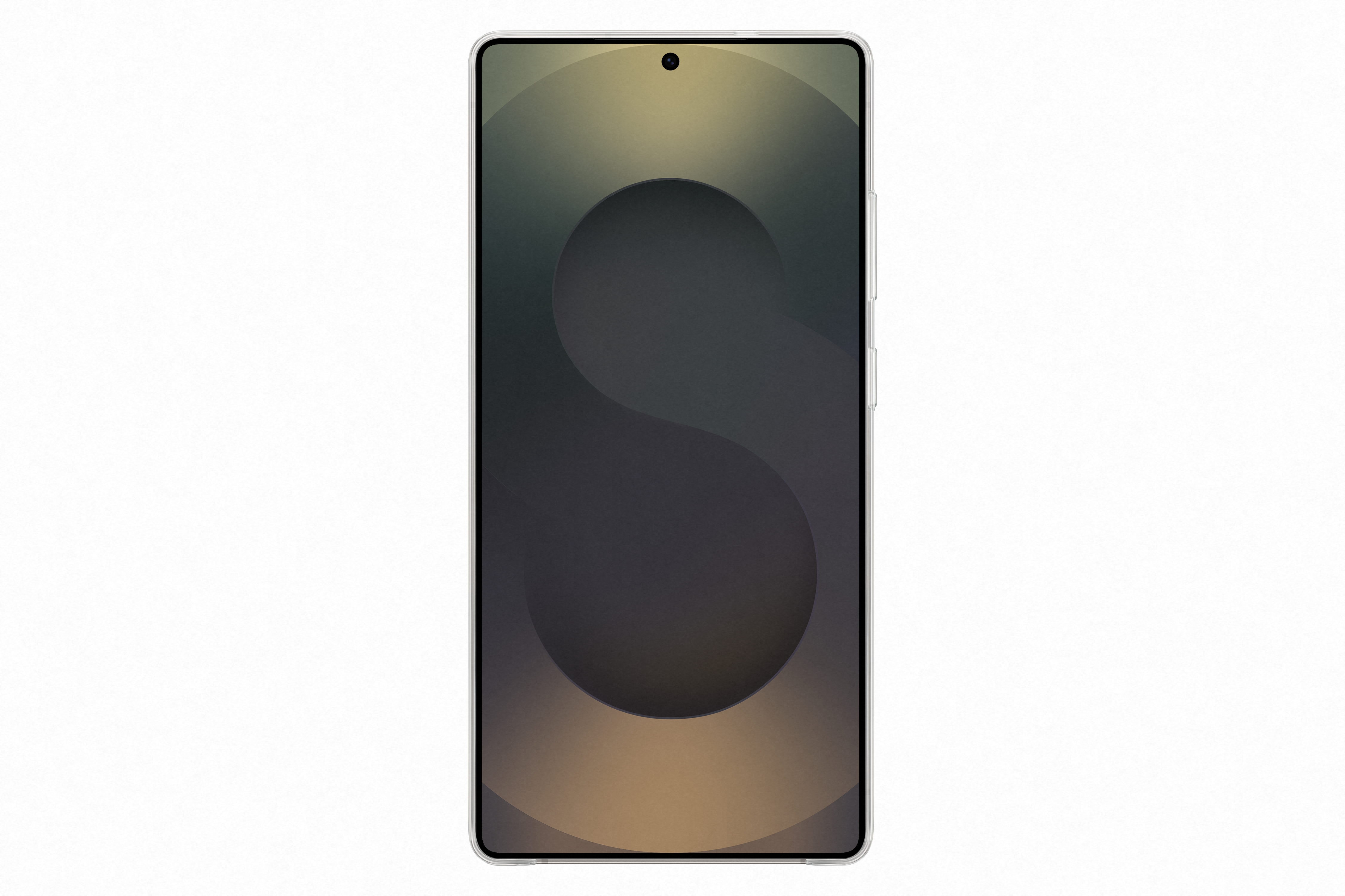 Witte smartphone met een groot S-ontwerp op het scherm.