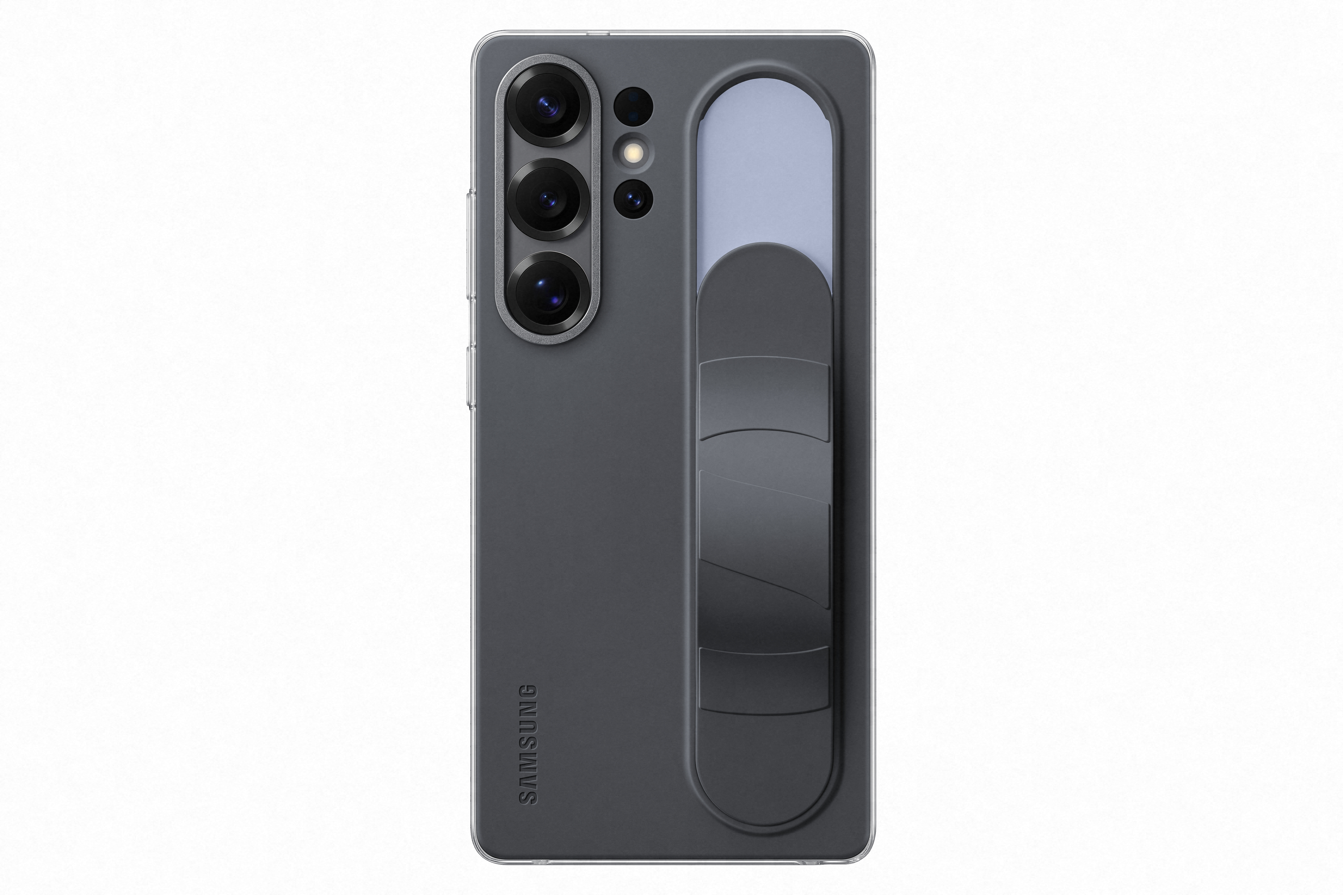 Grijze telefoon met handgreep aan de achterkant, met drie cameralenzen linksboven.