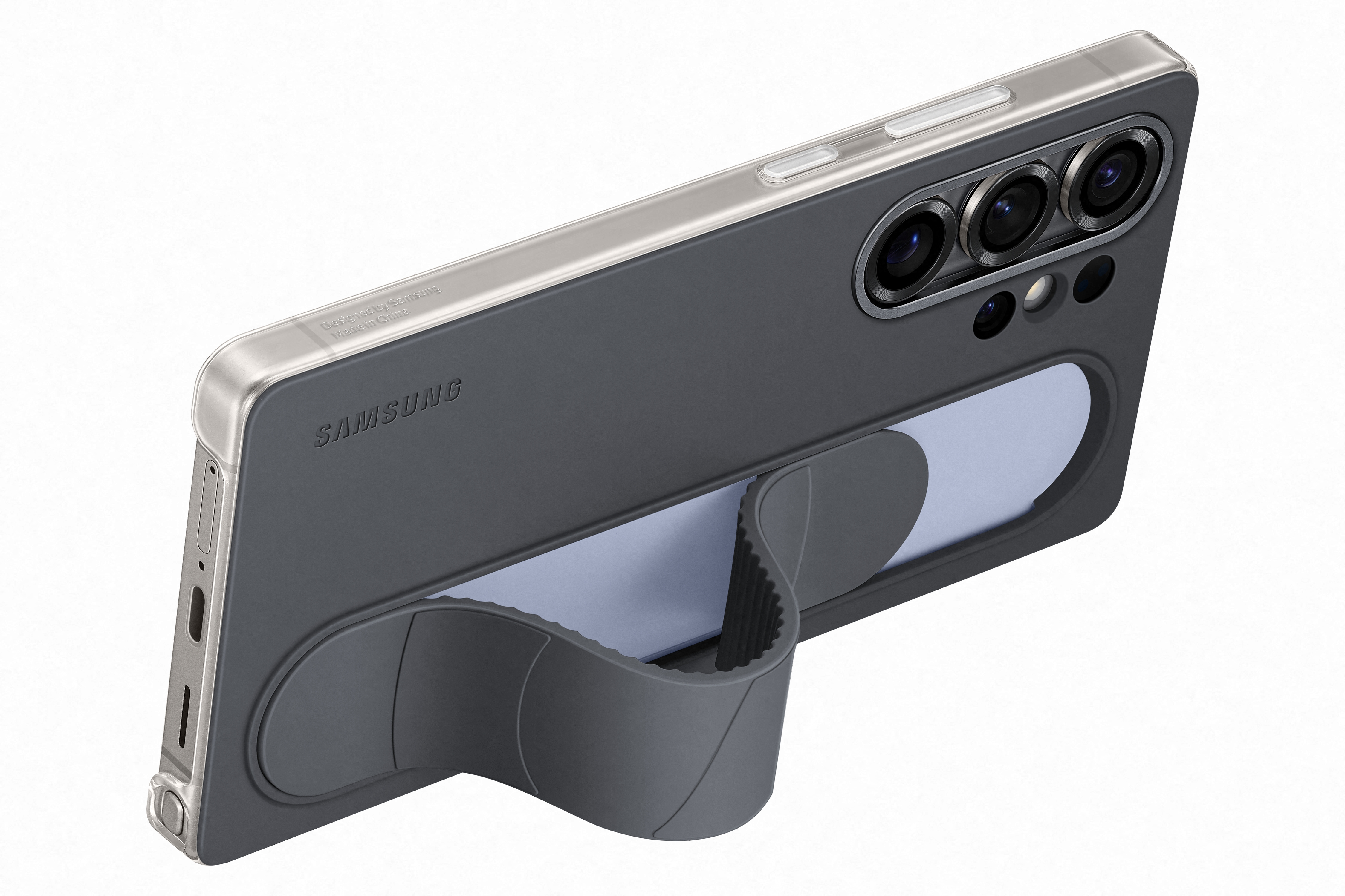 Grijze telefoonhoes met kaartsleuf en standaard. Telefoon bevestigd, camera zichtbaar.