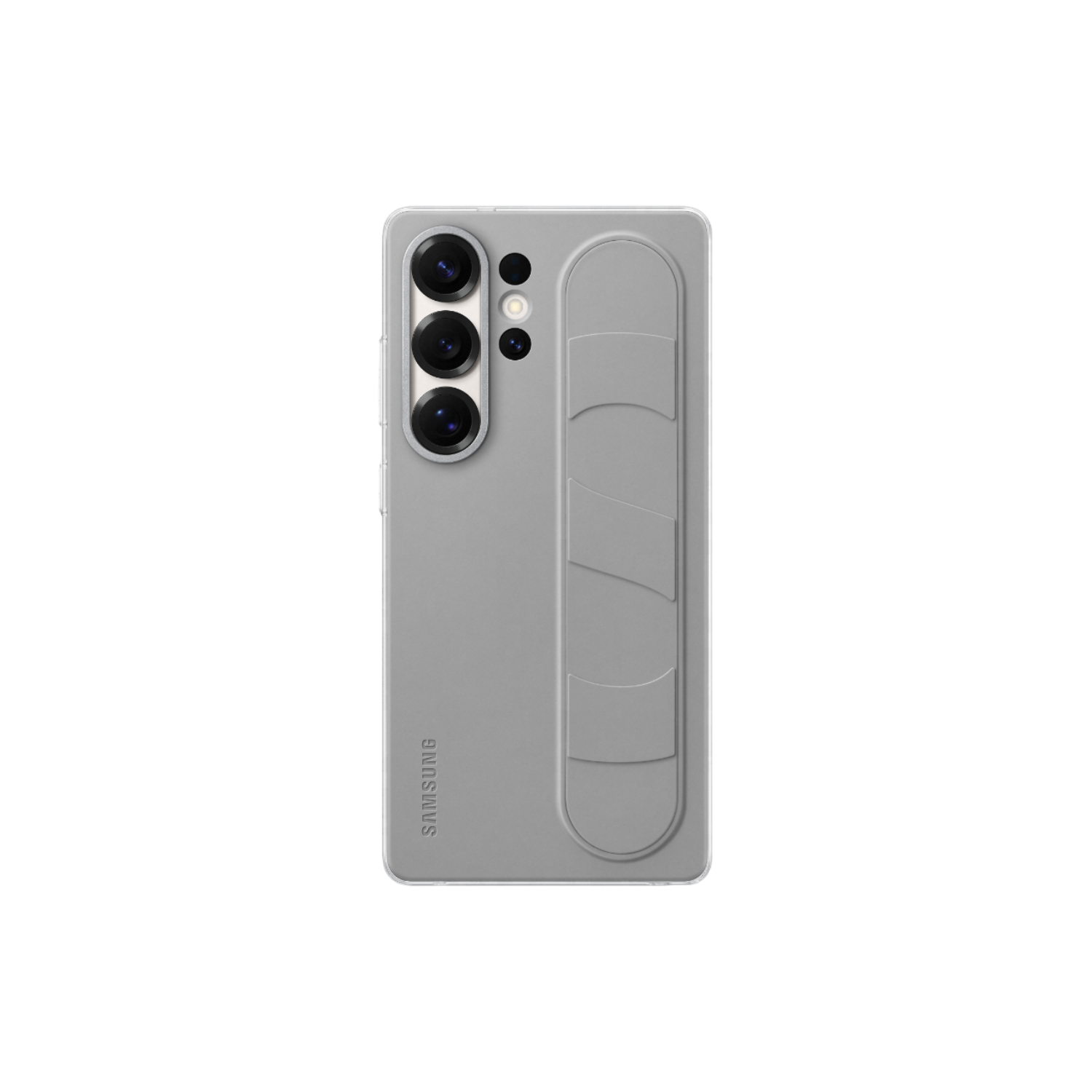Grijze telefoonhoes met drievoudige camera en Samsung-logo.