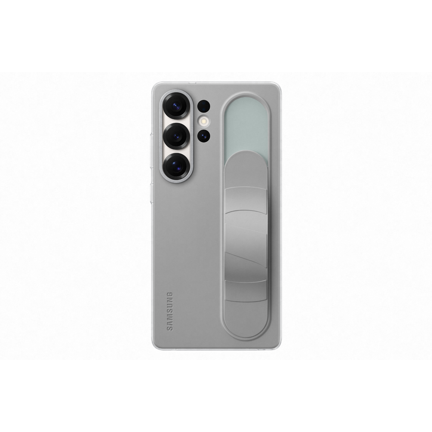 Grijze telefoon met achterkant, drievoudige camera en handgreep. Grijze achtergrond.