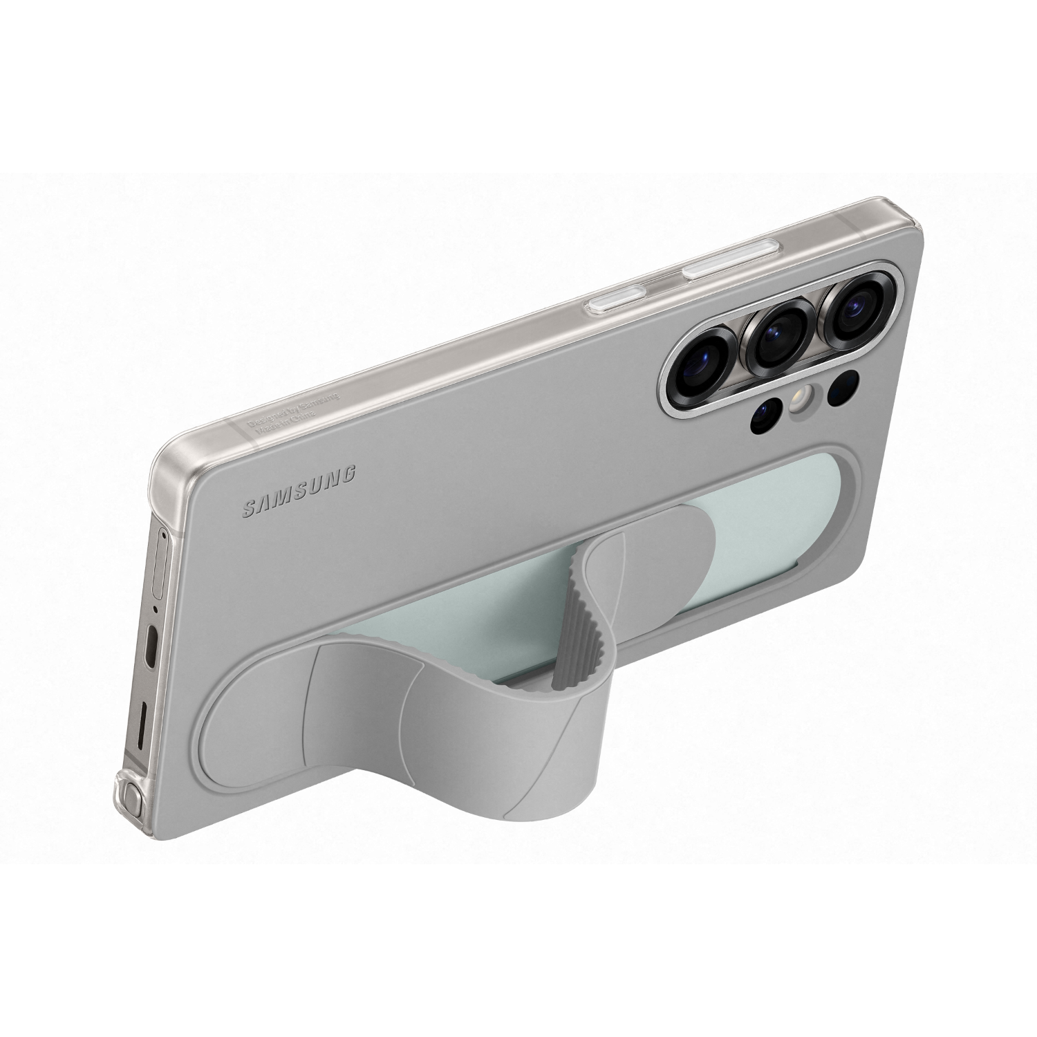 Grijze smartphone in een hoesje. Achteraanzicht, meerdere camera's. Standaard aan de achterkant.