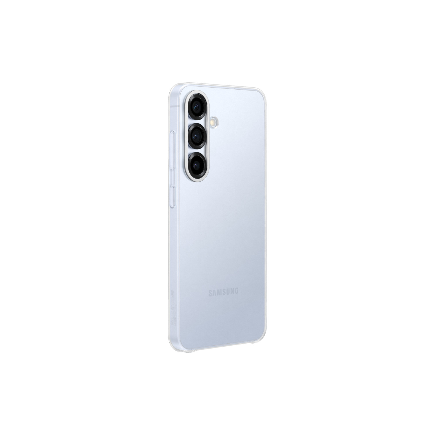 Een lichtblauwe telefoon met een doorzichtige hoes en drie camera's.
