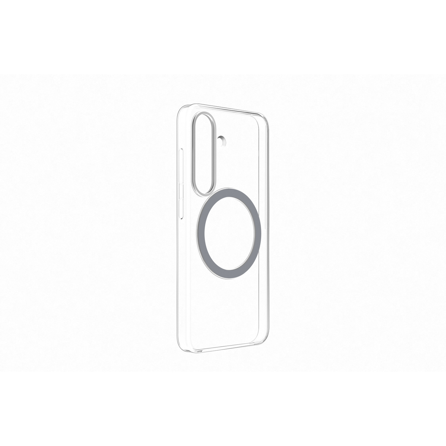Een transparante telefoonhoes met een cirkelvormige magnetische bevestiging.