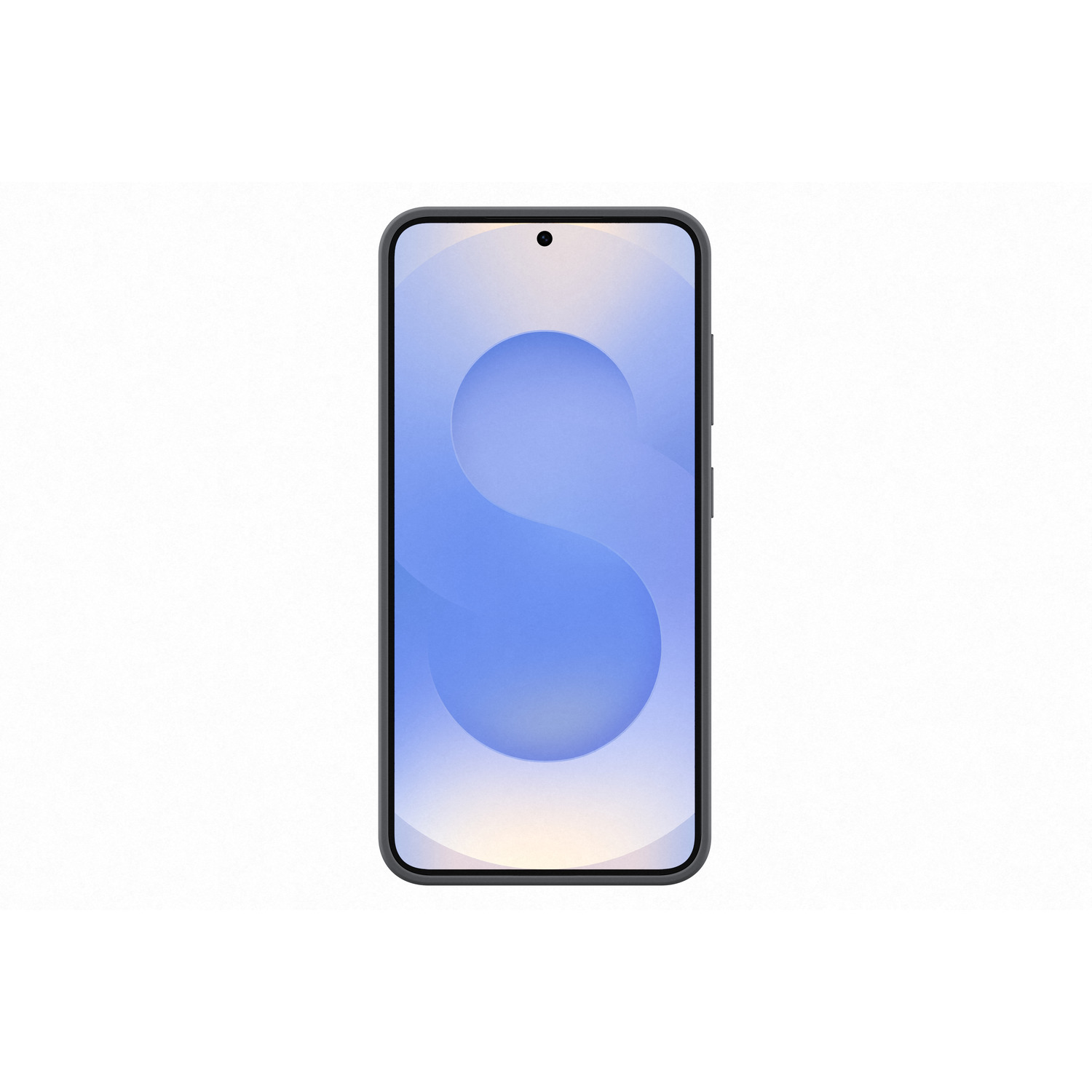 Téléphone avec écran tourbillon bleu/blanc, cadre noir, fond blanc.