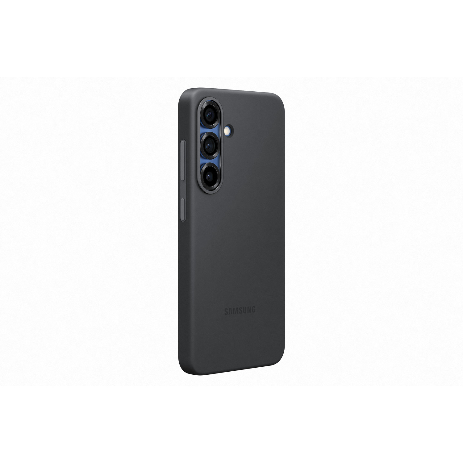 Coque de téléphone gris foncé avec un téléphone à l'intérieur, montrant trois caméras arrière.