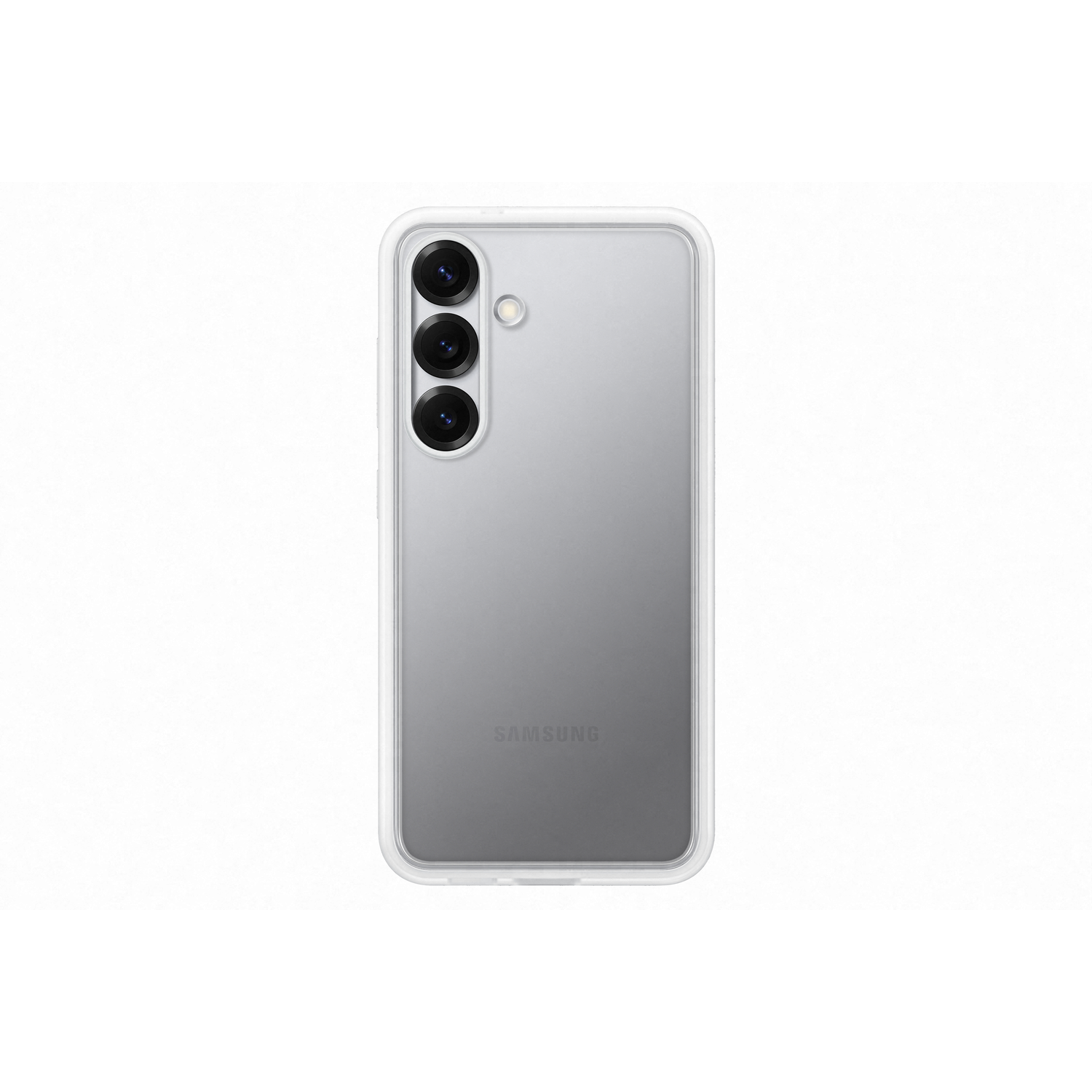 Coque de téléphone transparente sur fond blanc, avec trois lentilles d'appareil photo.