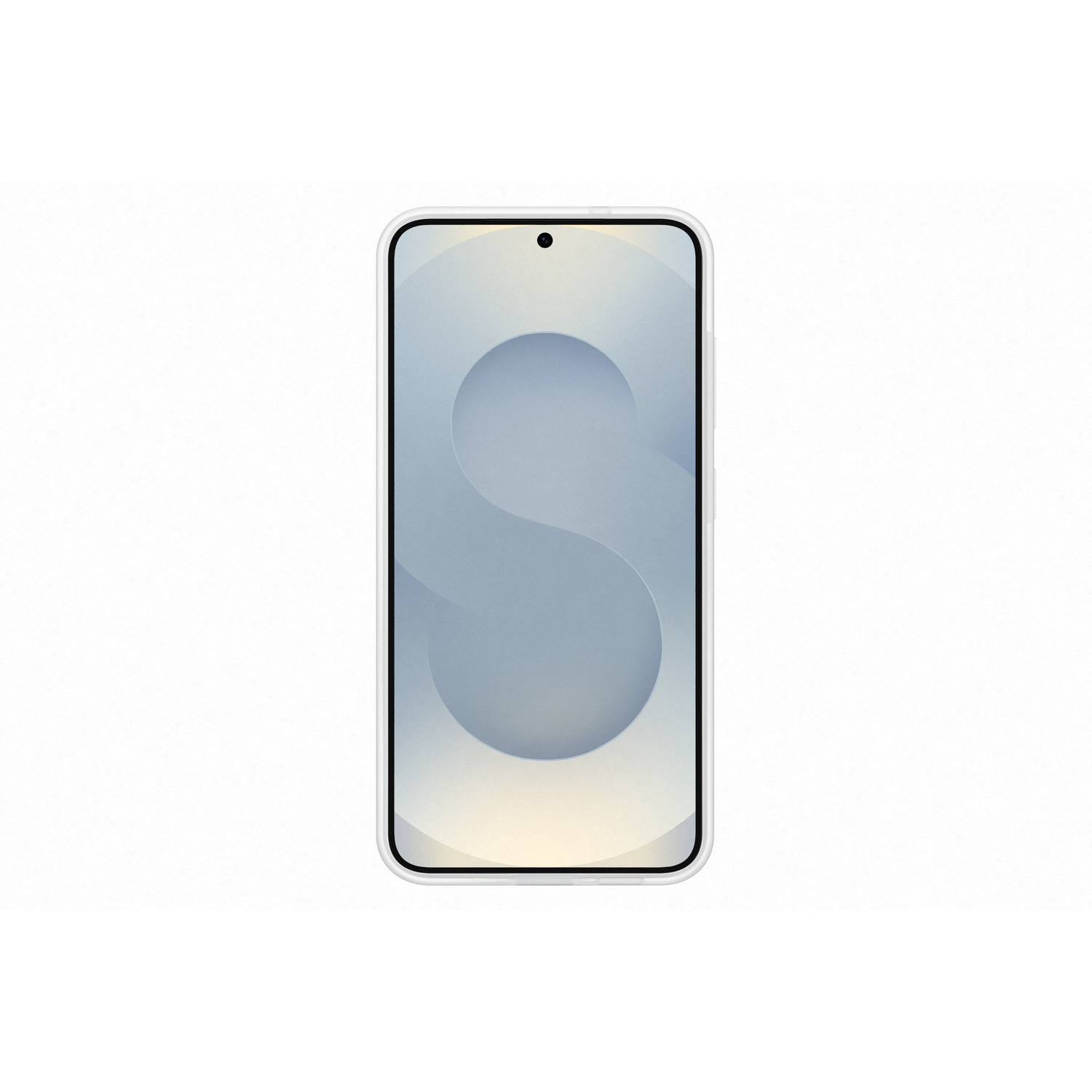 Smartphone avec design 'S' gris clair sur fond dégradé.