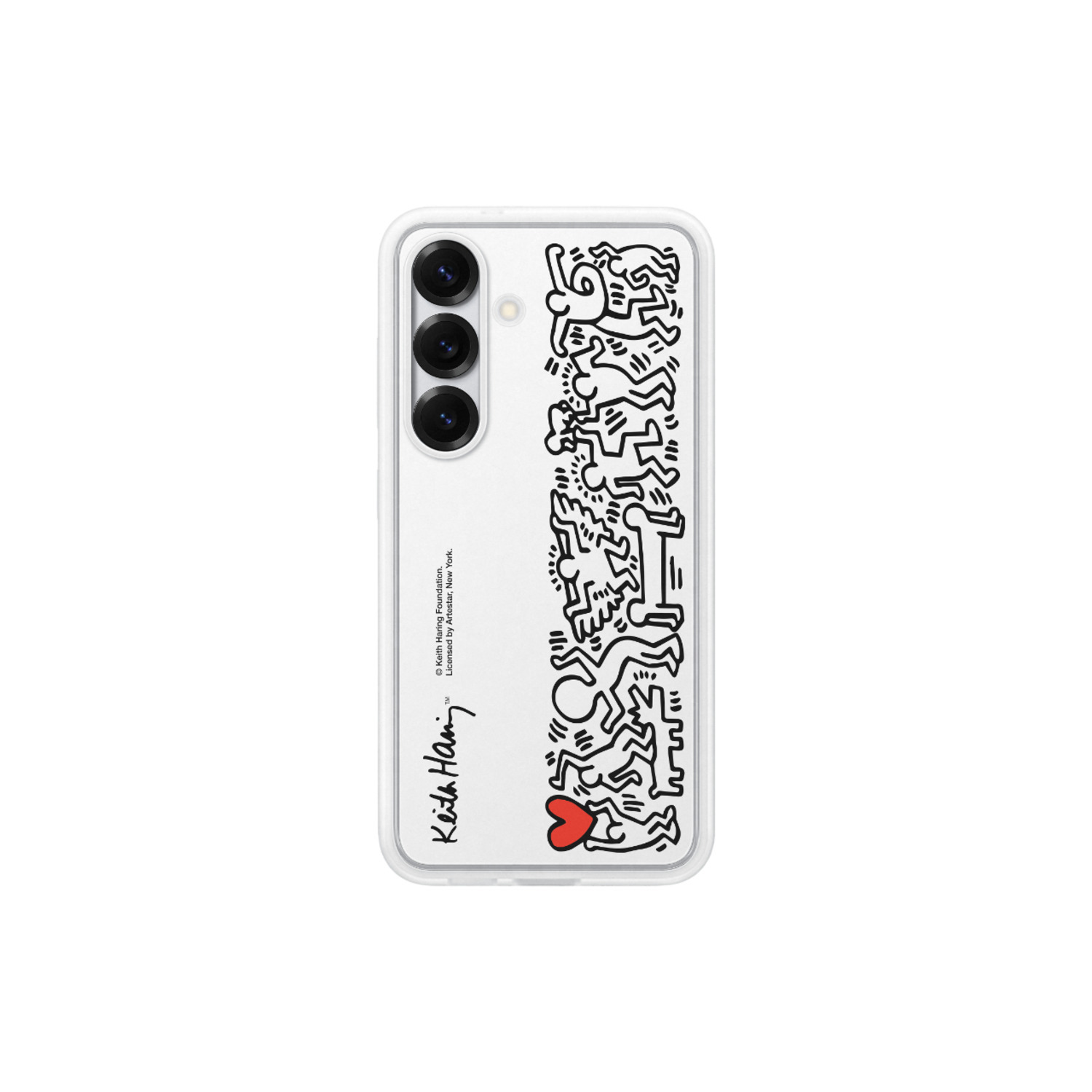 Coque de smartphone avec design Keith Haring, figures noires et cœur rouge sur blanc.