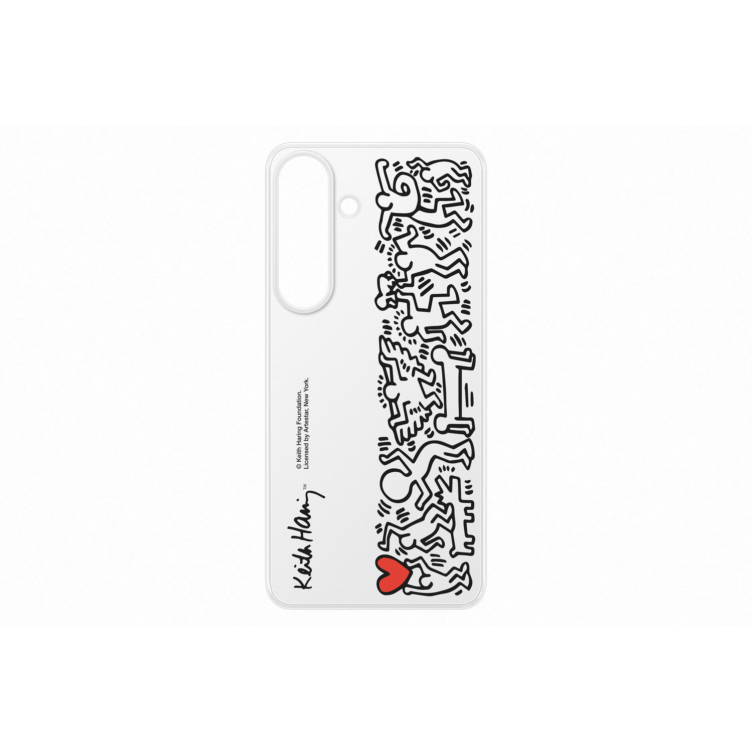 Coque de téléphone avec des figures de Keith Haring et un cœur rouge. L'arrière est visible.