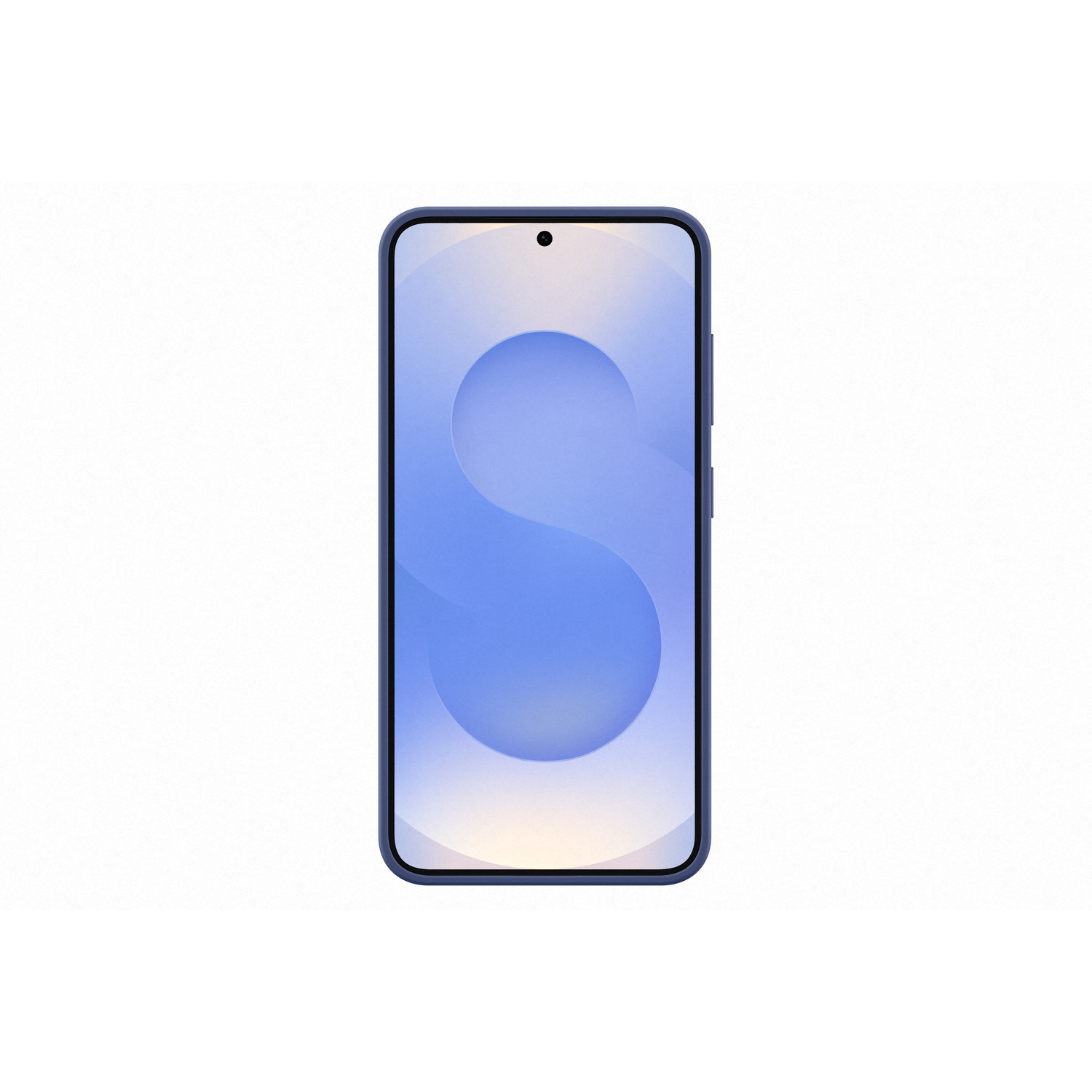 Un smartphone bleu de face. L'écran affiche un motif bleu.