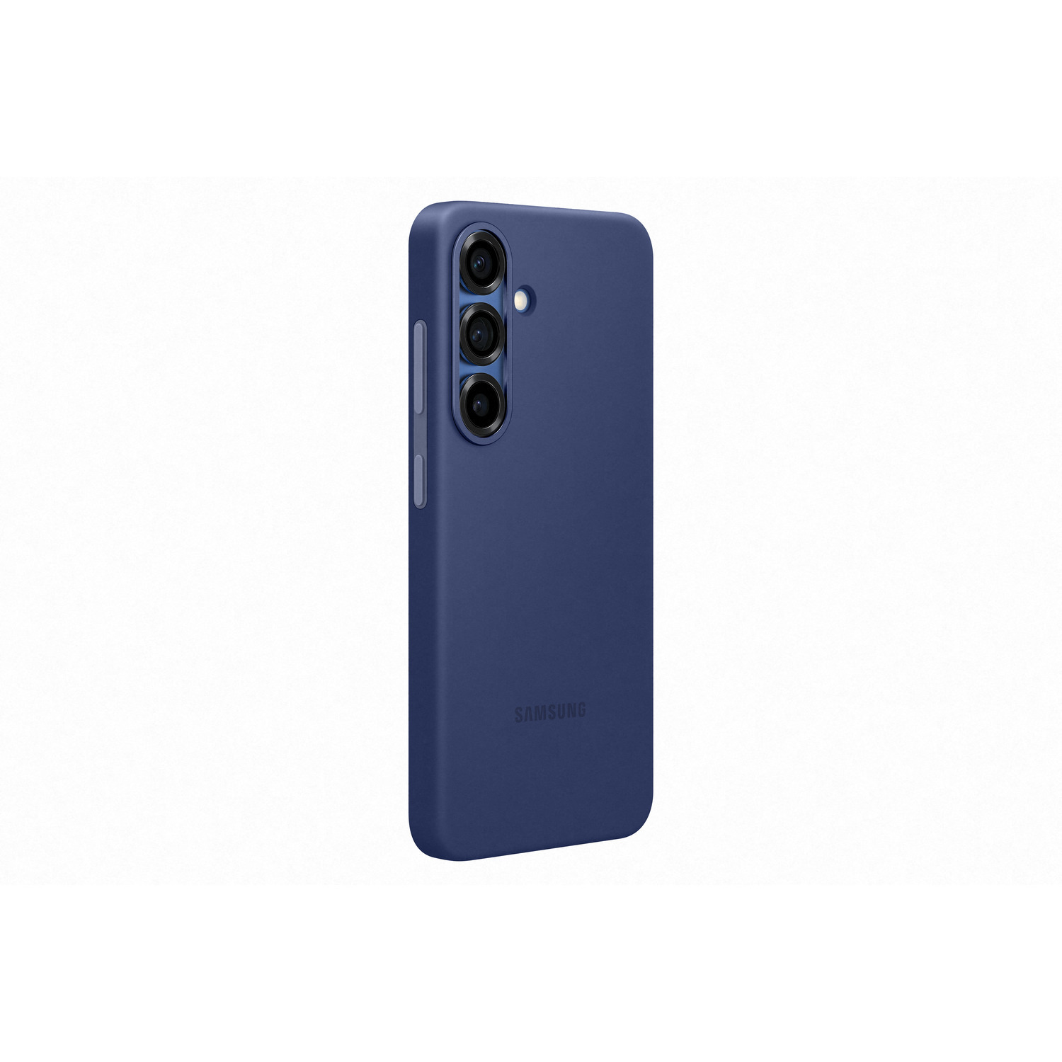 Coque de téléphone bleu foncé, vue latérale, sur fond blanc. Le logo Samsung est visible.