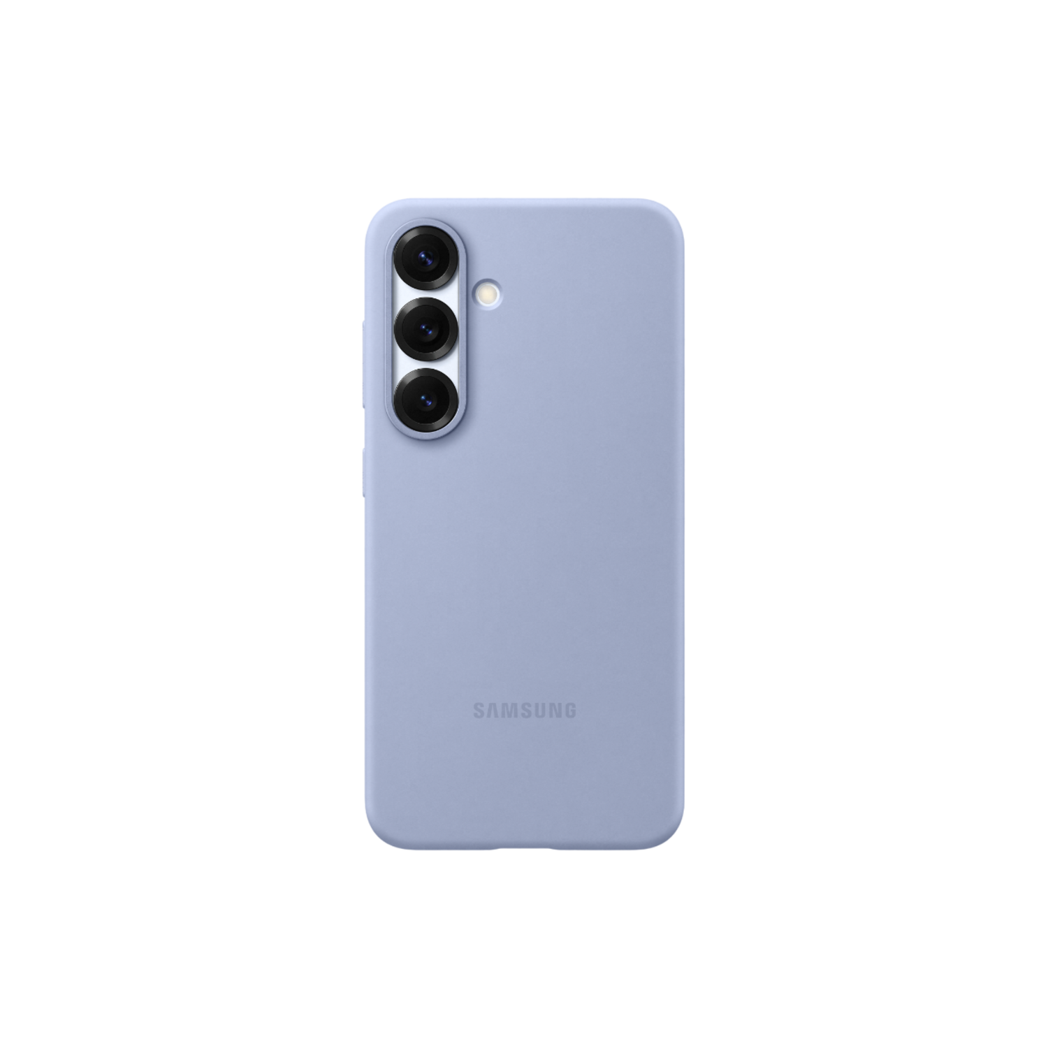 Coque de téléphone bleue avec trois caméras, logo Samsung sur fond noir.
