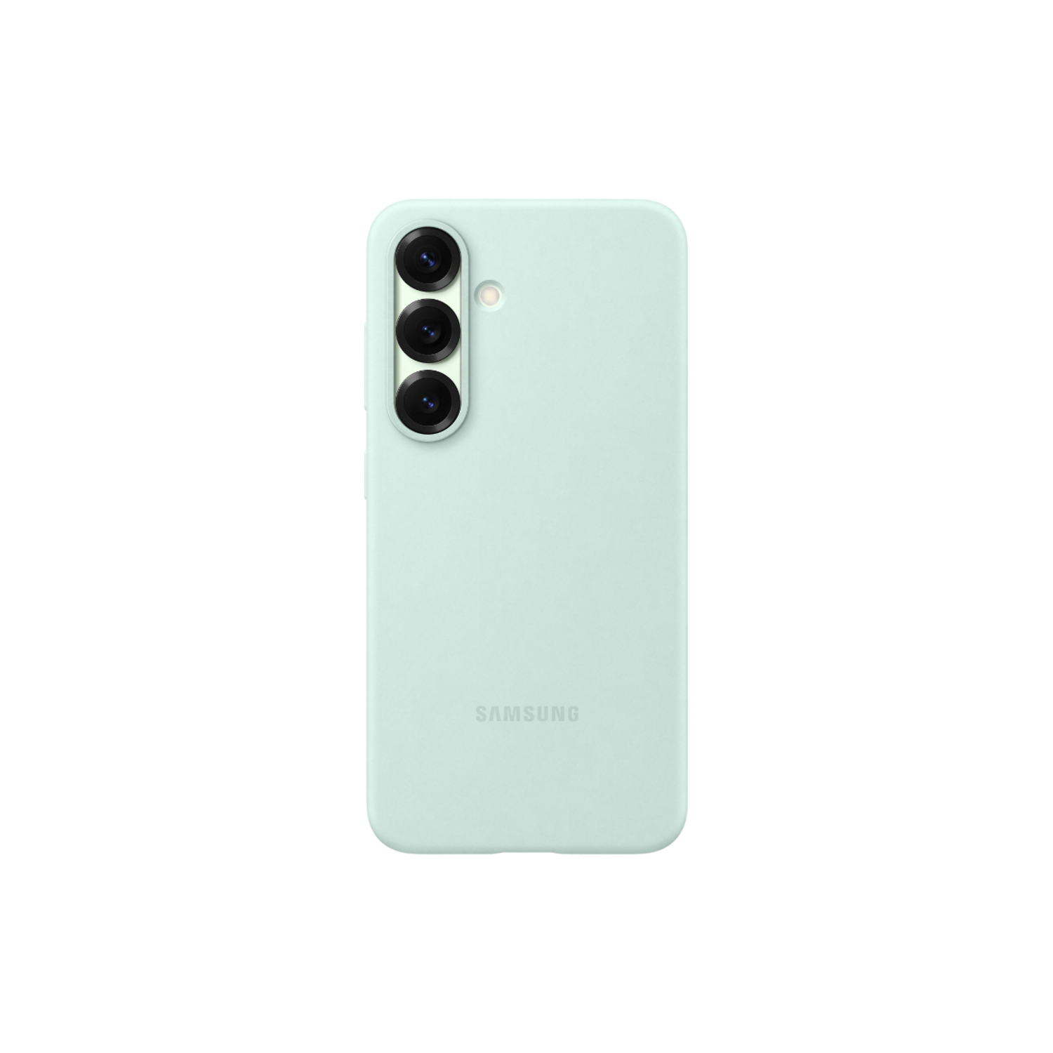 Coque de téléphone vert menthe avec lentilles de caméra, logo Samsung et surface lisse.
