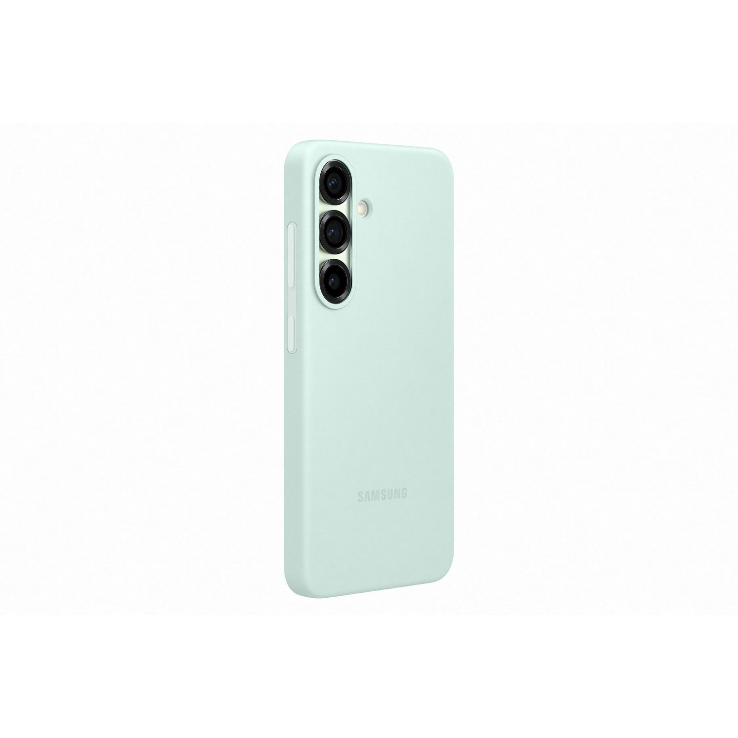 Une coque de téléphone vert menthe avec trois lentilles d'appareil photo et le logo Samsung en bas. Fond blanc.