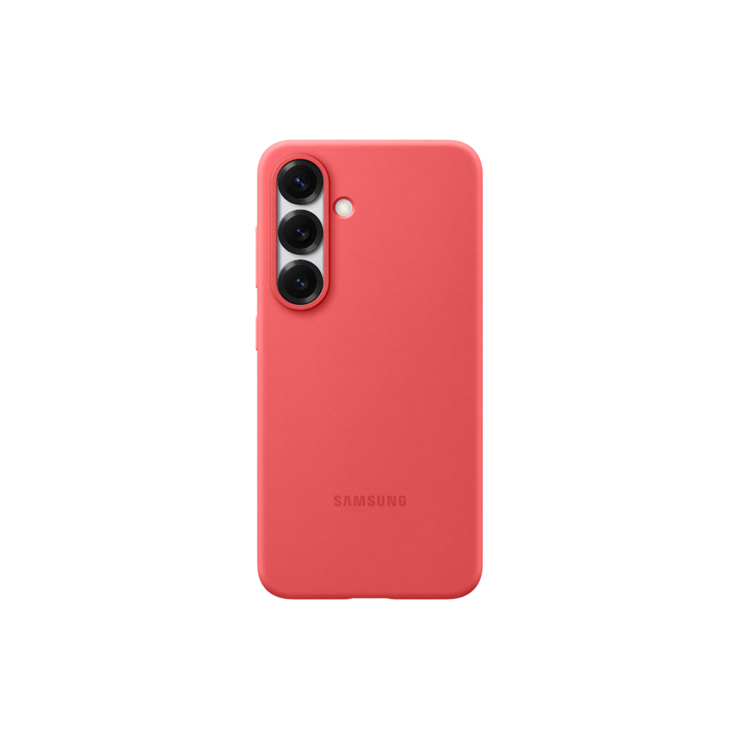 Coque de téléphone rouge avec bosse caméra. Logo Samsung en bas.