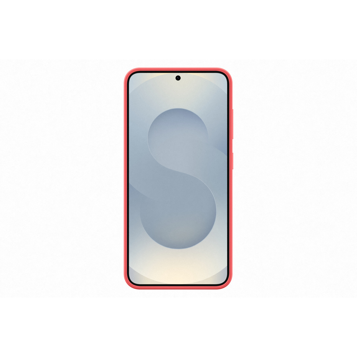 Un smartphone avec un cadre rouge affichant un design en forme de S de couleur claire.