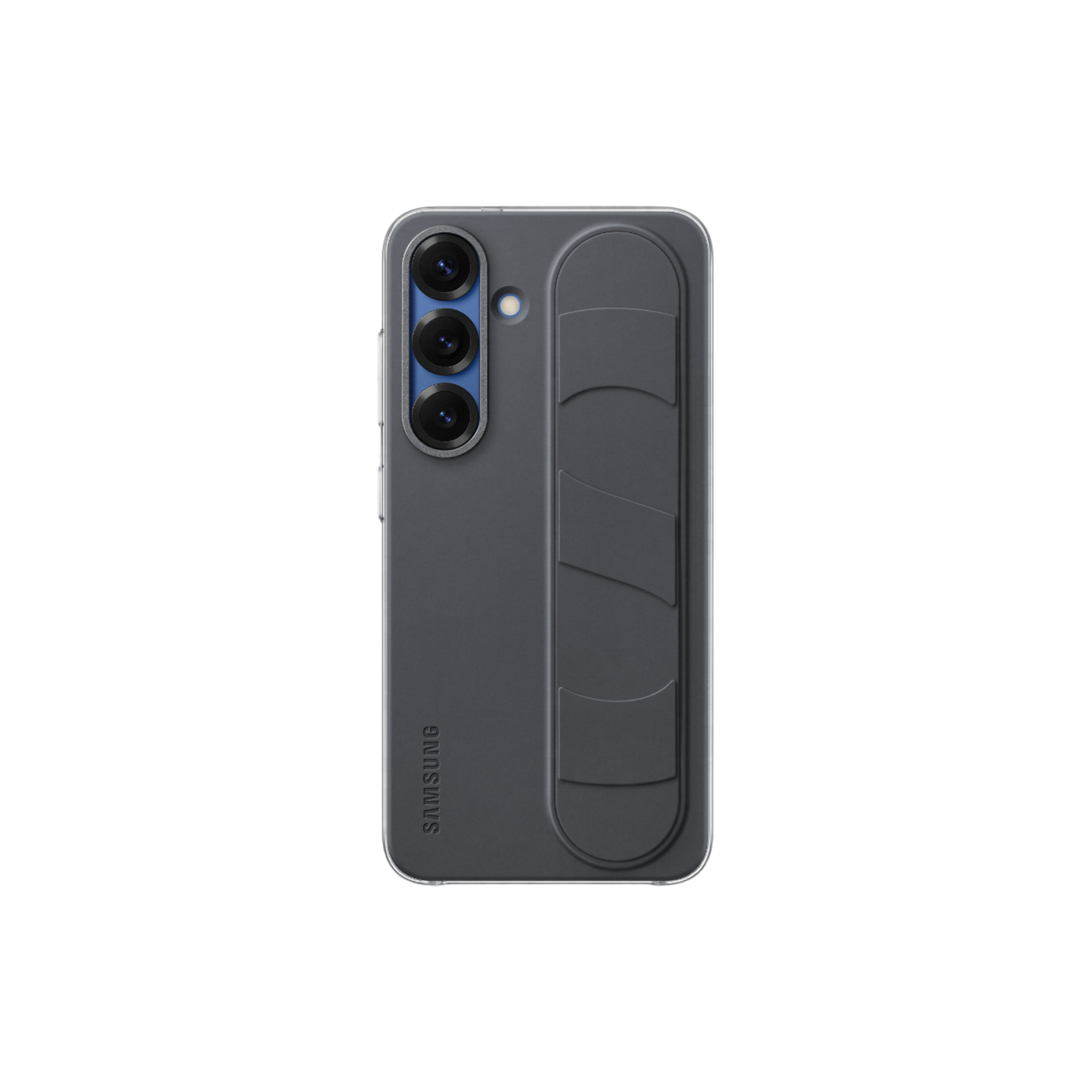 Grijze telefoonhoes met camera, grip. Samsung-logo onderaan. Zwarte achtergrond.