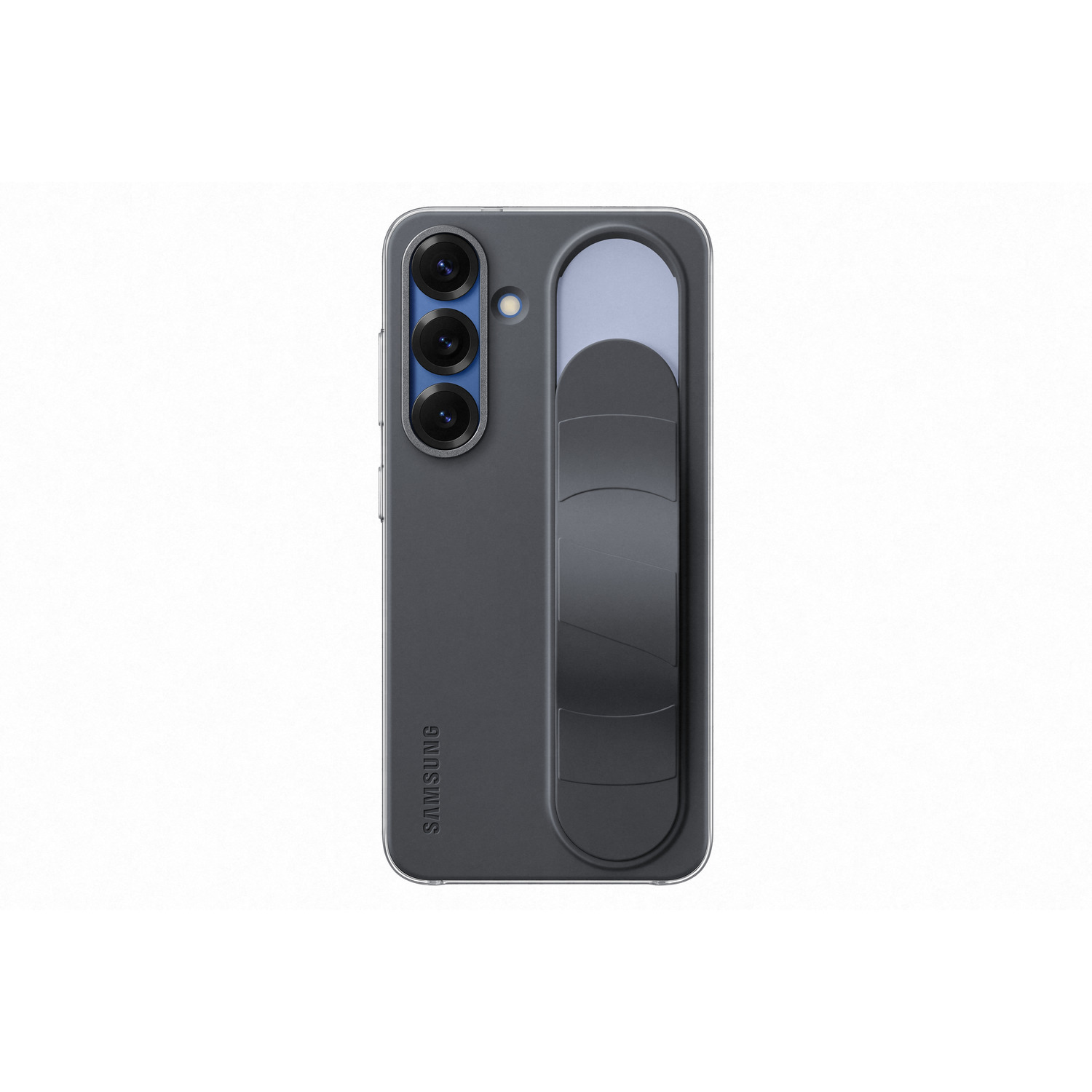 Grijze telefoonhoes met zwarte grip. Samsung logo zichtbaar. Witte achtergrond.