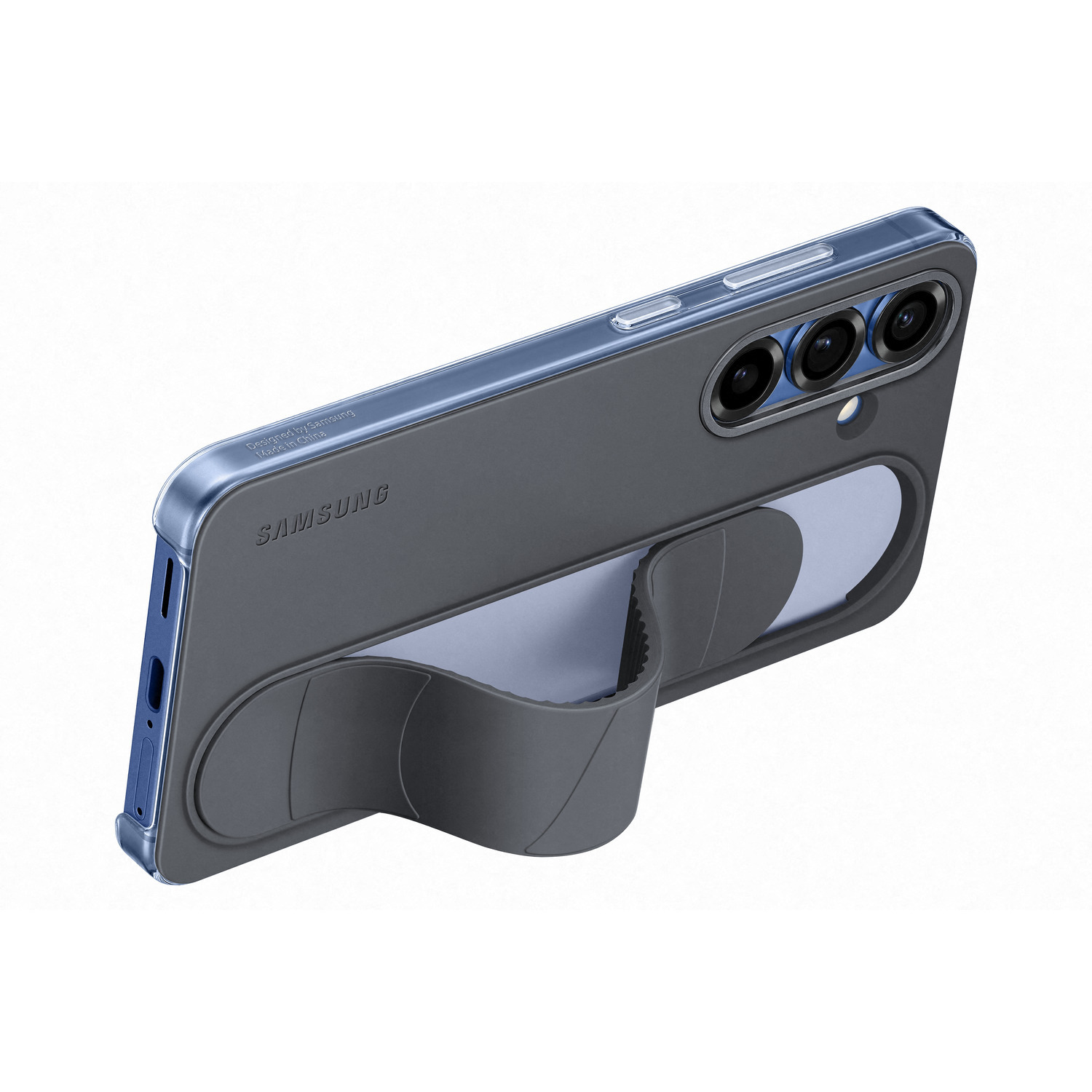 Blauw getinte telefoonhoes met grijze houder, drie camera's aan de achterkant en Samsung branding.