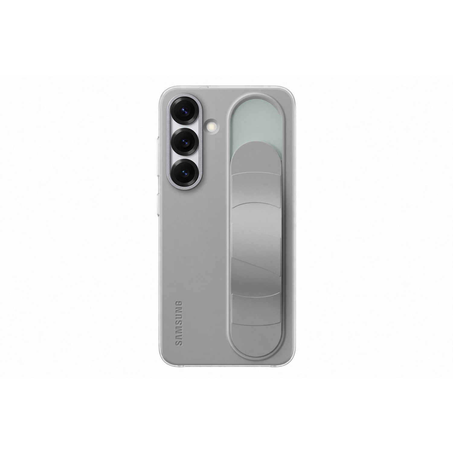 Achteraanzicht van een lichtgrijze telefoon met een hoesje. Drie camera's zijn zichtbaar en het Samsung-logo.