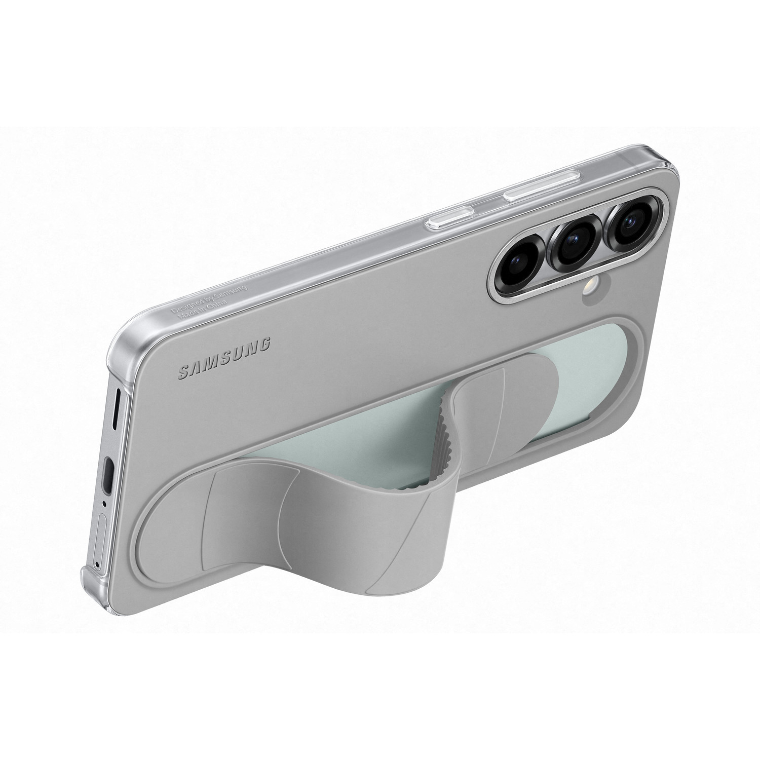 Grijze telefoonhoes met standaard, schuine weergave, op witte achtergrond. Het Samsung logo staat erop.