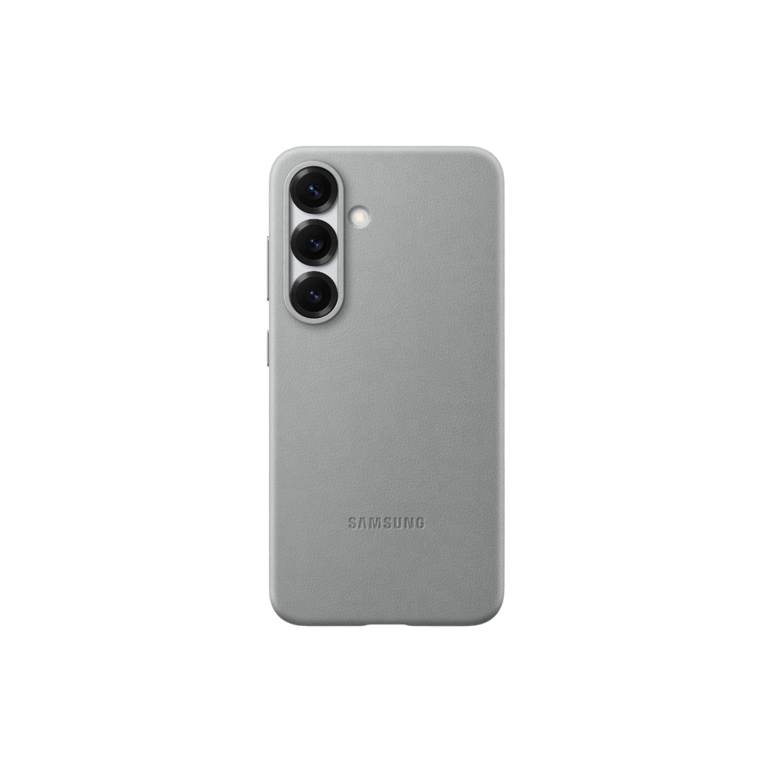 Grijze telefoonhoes met drie cameralenzen en het Samsung-logo.
