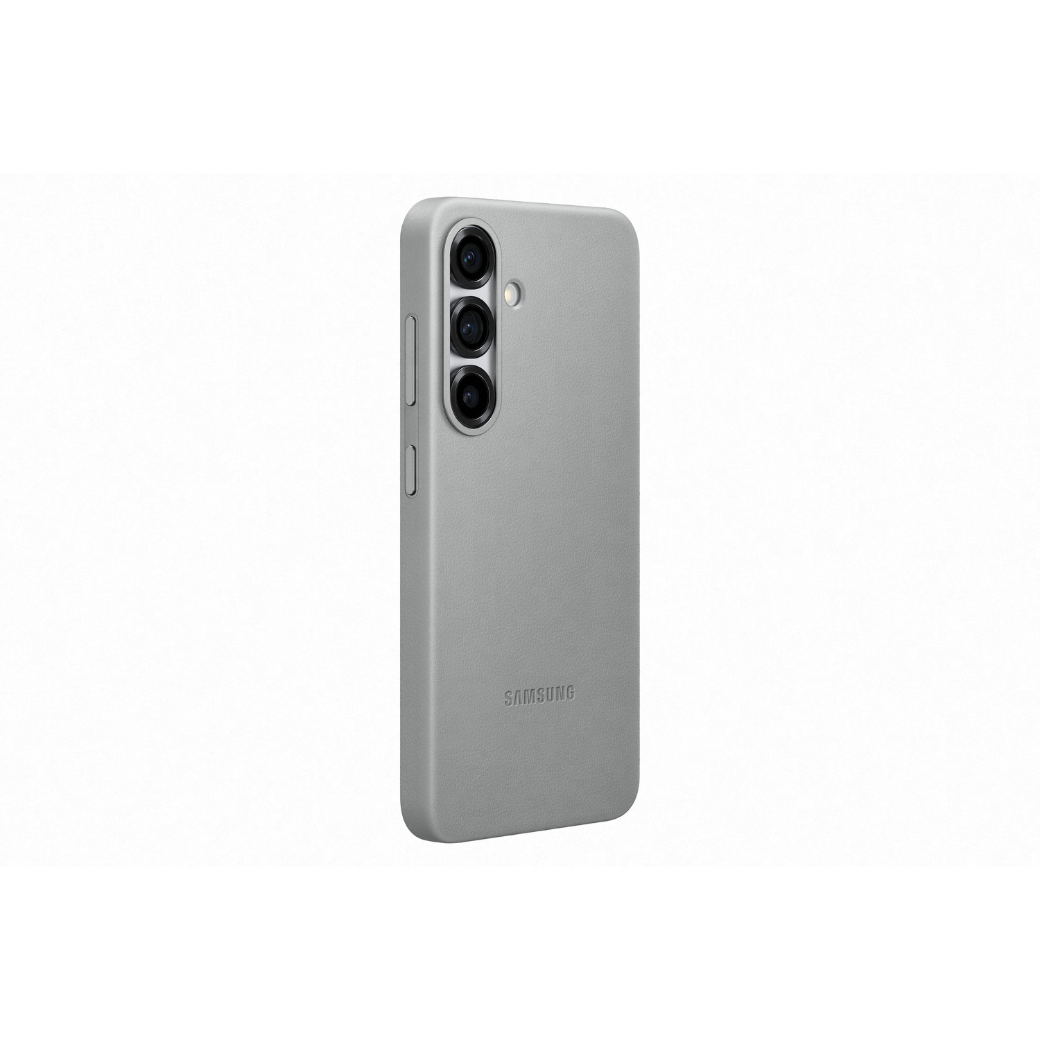 Een grijze telefoonhoes met een drievoudige camera, tegen een witte achtergrond.