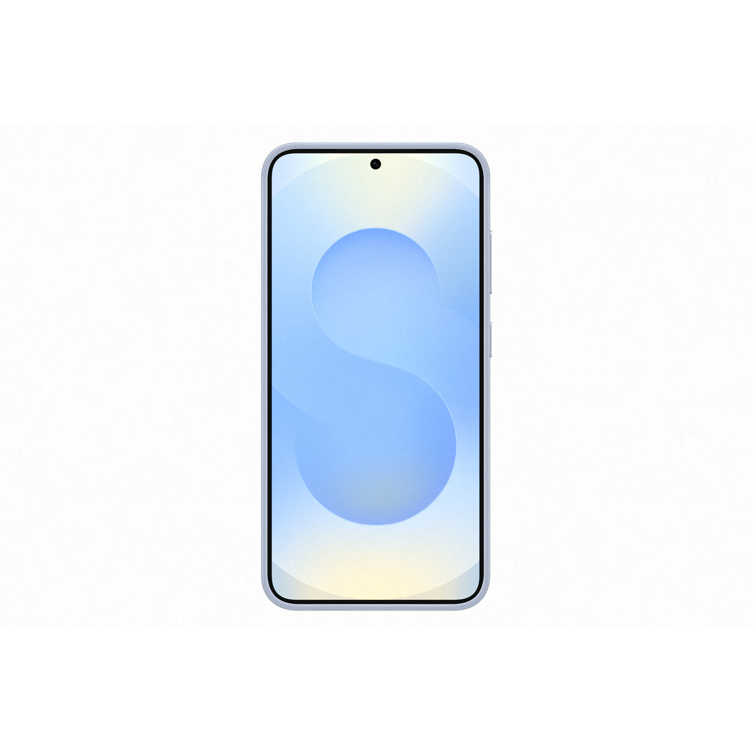 Een smartphone met een blauw verlopend display. De telefoon is lichtblauw. Achtergrond wit.