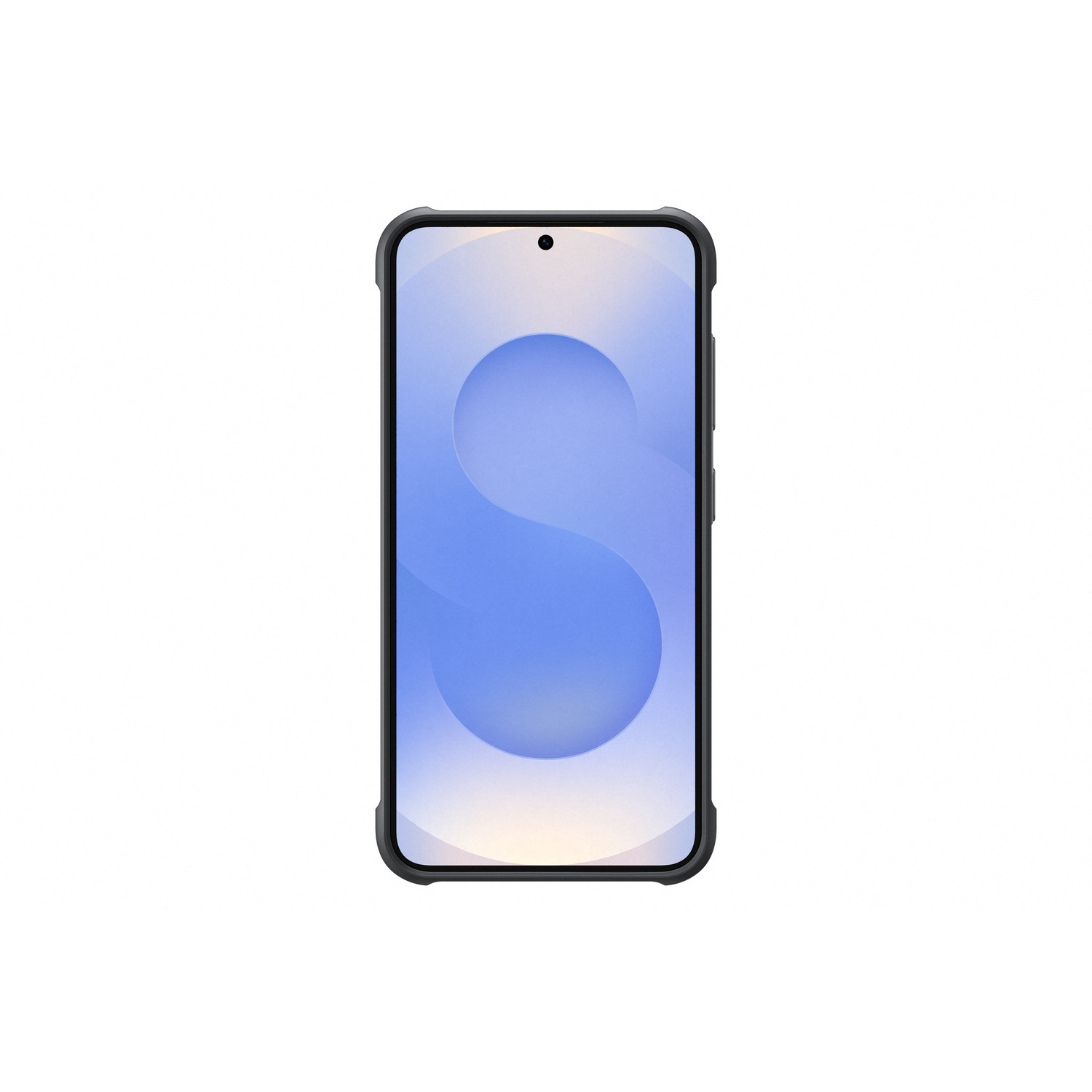 Smartphone avec écran bleu en forme de 'S'. Coque noire.