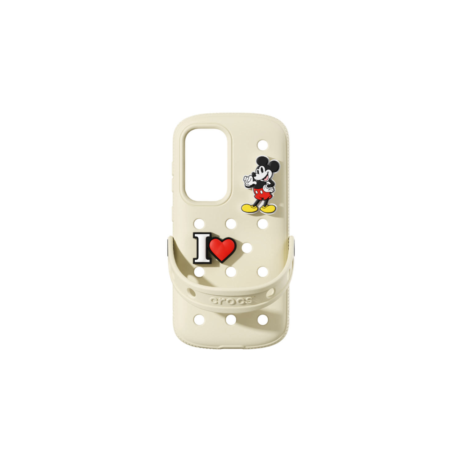 Gebroken witte telefoonhoes met Mickey Mouse, 'I heart' en Crocs logo.