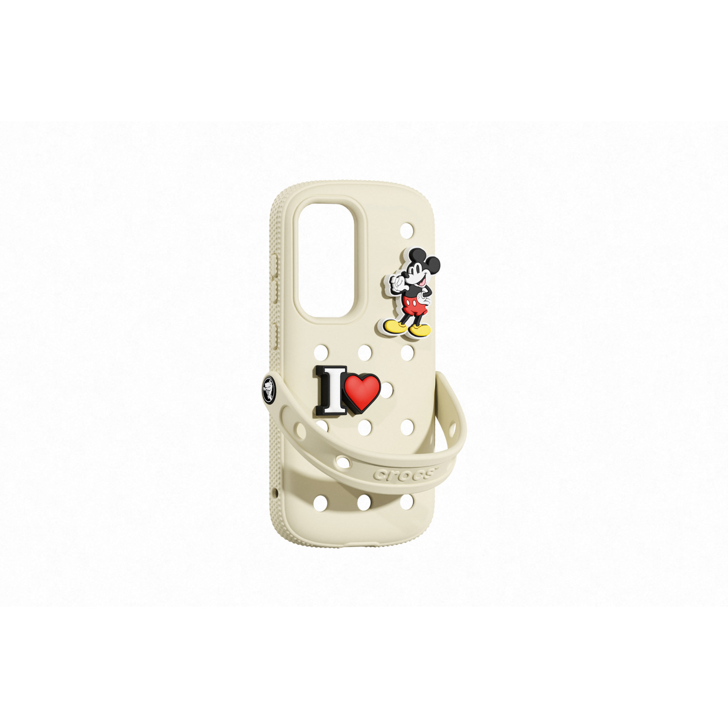 Crèmekleurige telefoonhoes met Mickey Mouse en I heart Crocs bedels.