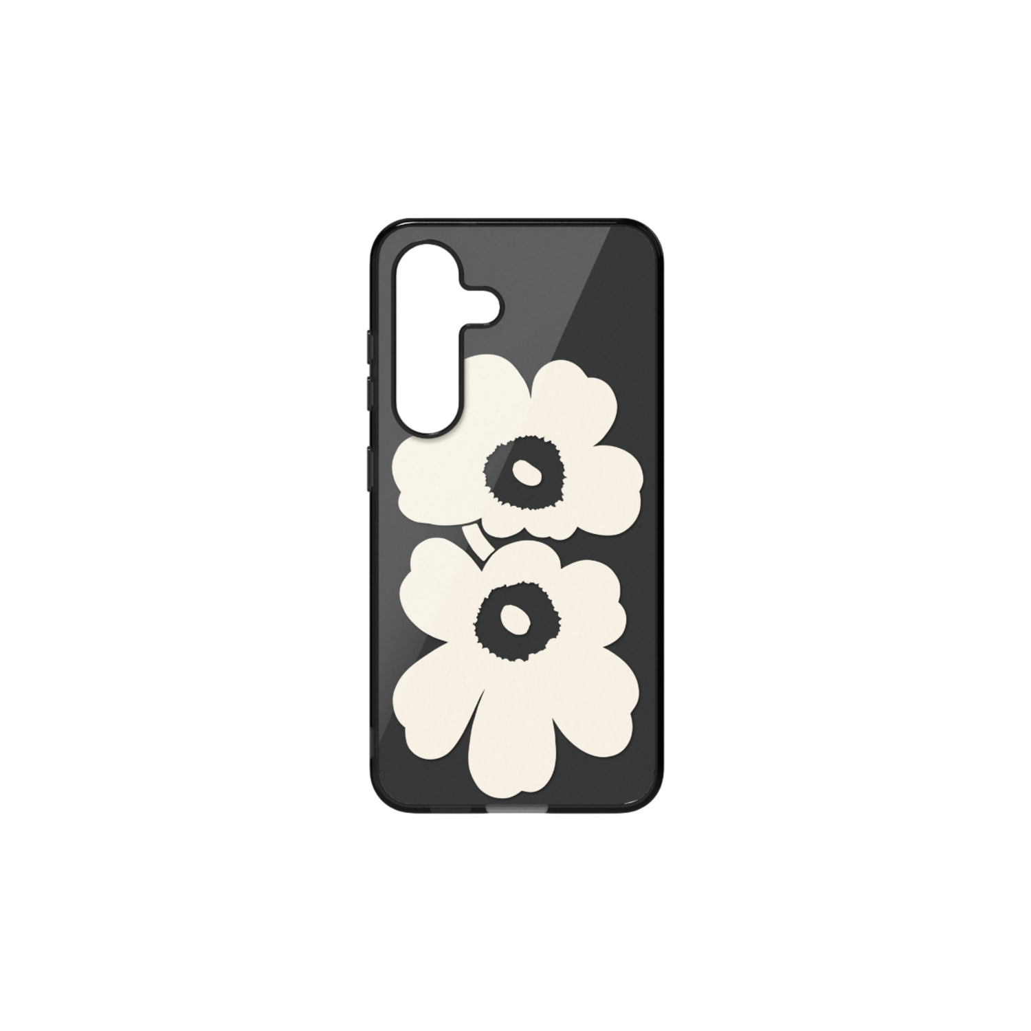 Transparante telefoonhoes met twee witte bloemdesigns op een zwarte achtergrond.