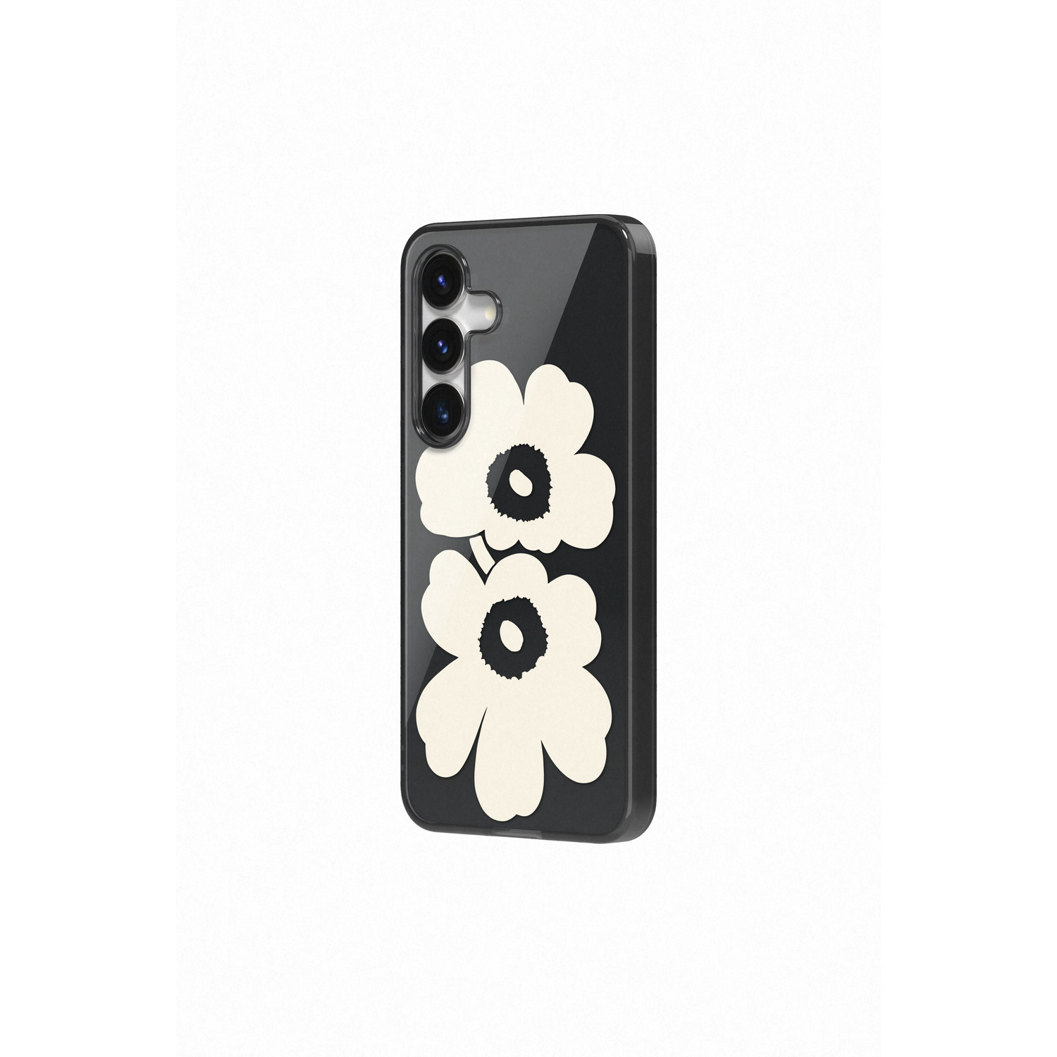Zwarte telefoonhoes met twee witte bloemmotieven op donkere achtergrond.