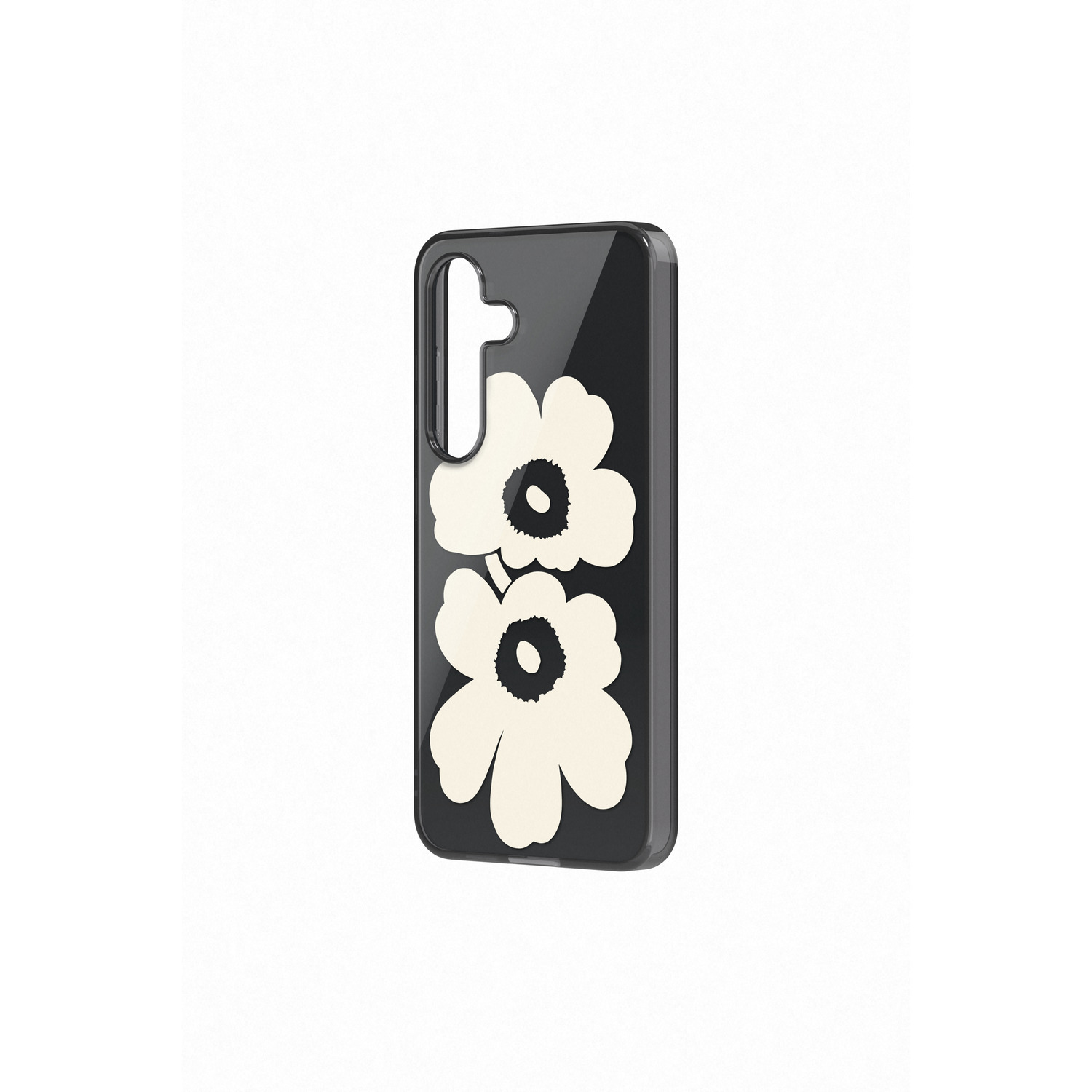 Een zwart telefoonhoesje met een wit bloemmotief.