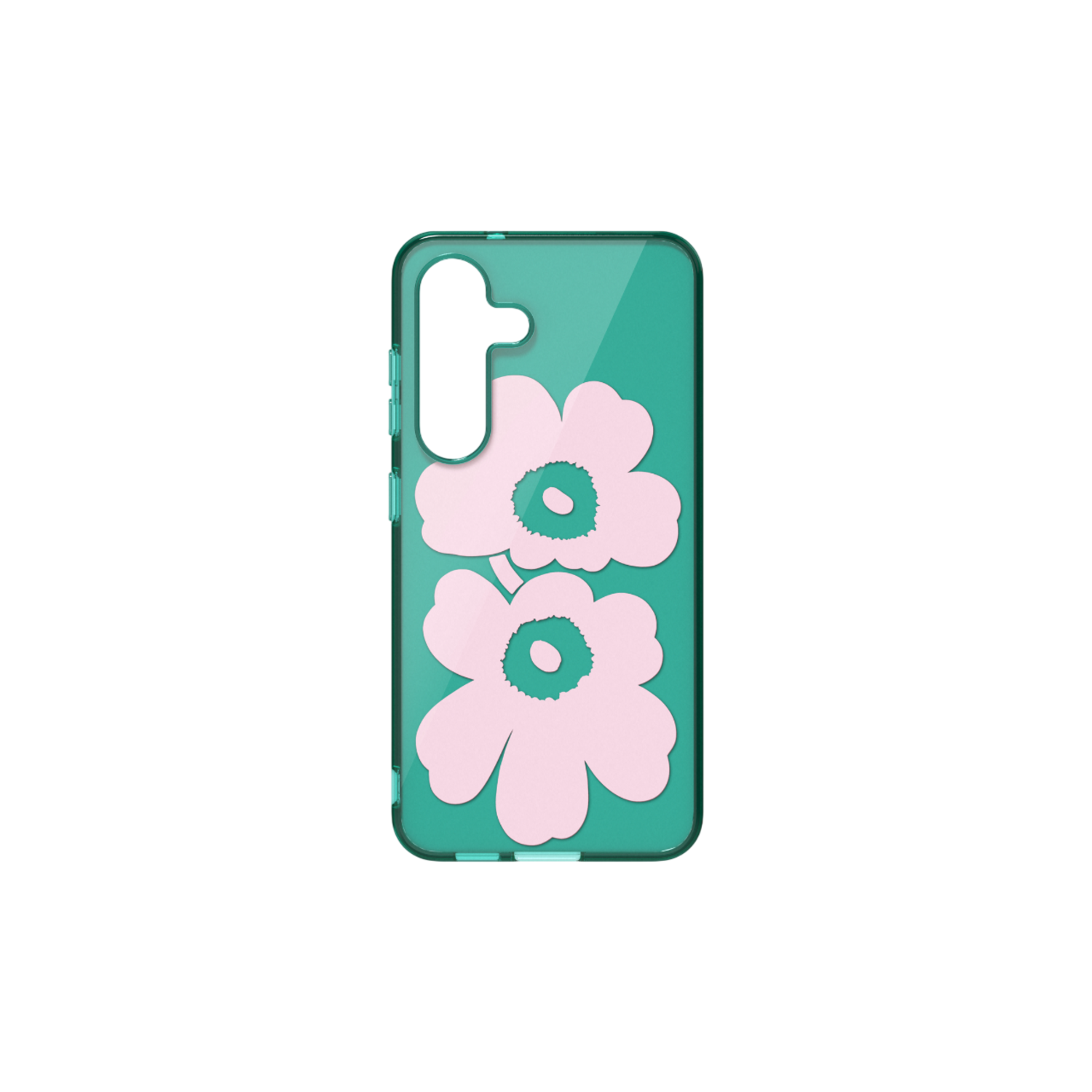 Une coque de téléphone transparente avec deux motifs de fleurs roses. Sur fond noir.