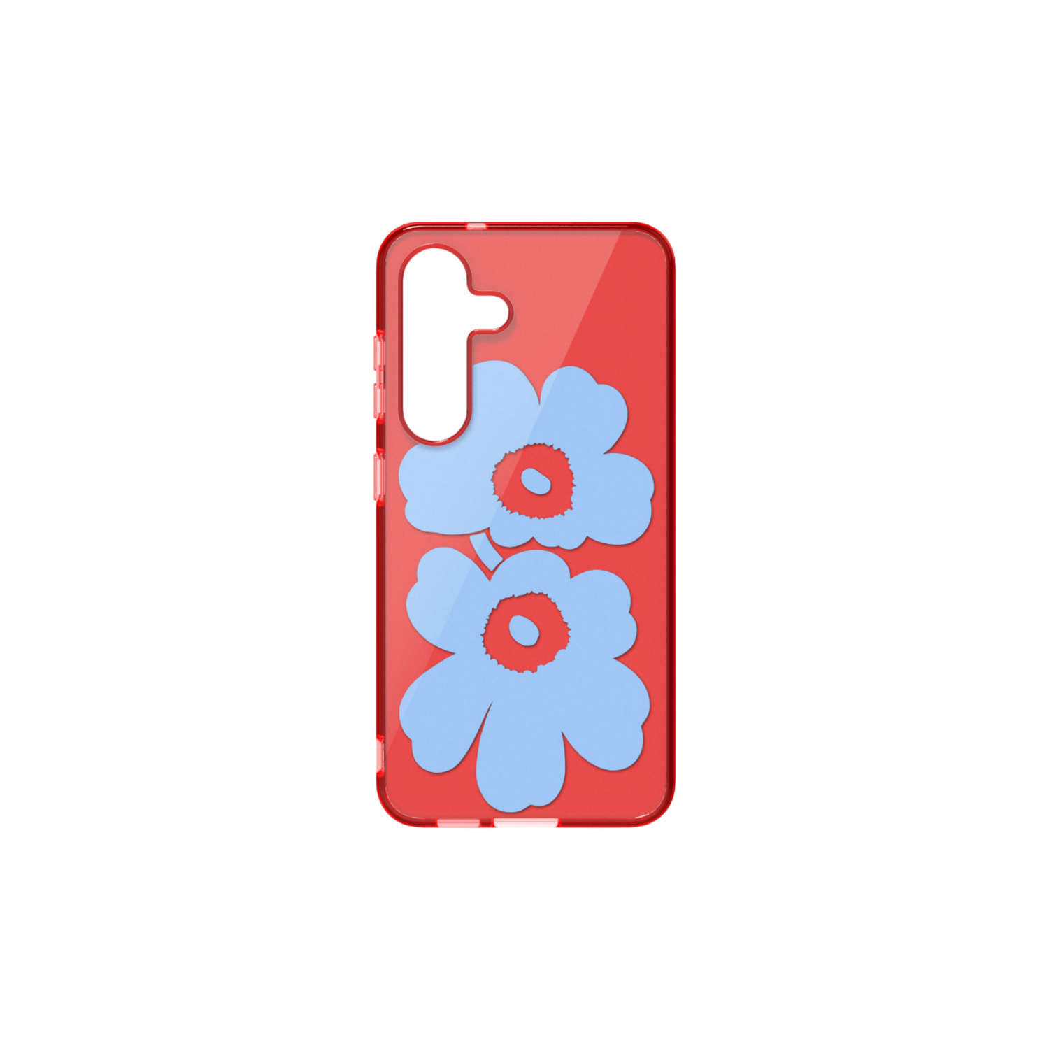 Rode telefoonhoes met blauwe bloemen.