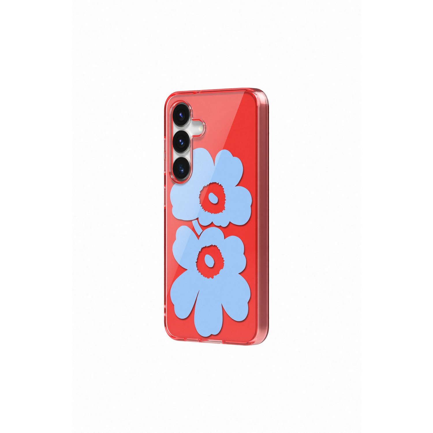 Rode telefoonhoes met blauw bloemdesign op witte achtergrond.
