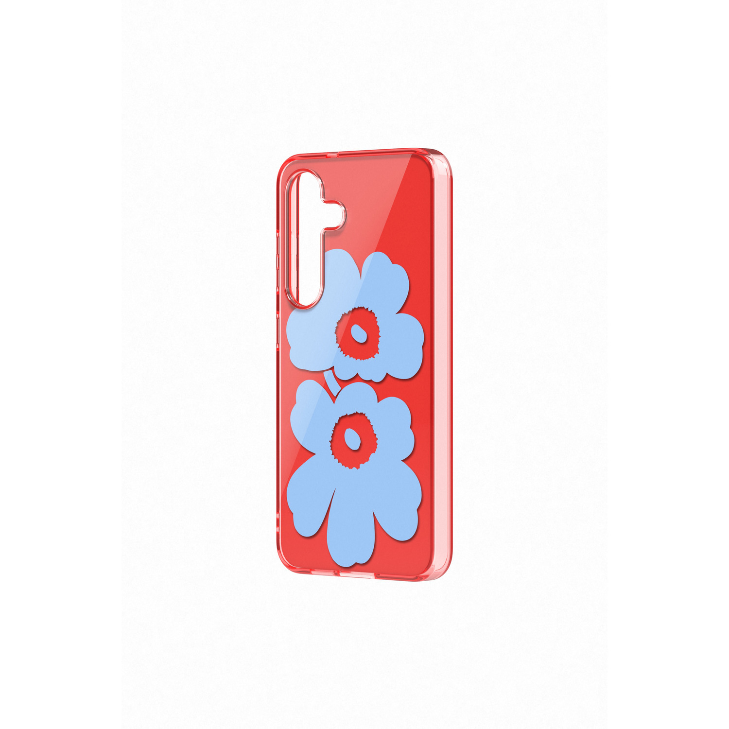 Rode telefoonhoes met blauwe bloemen op een witte achtergrond.