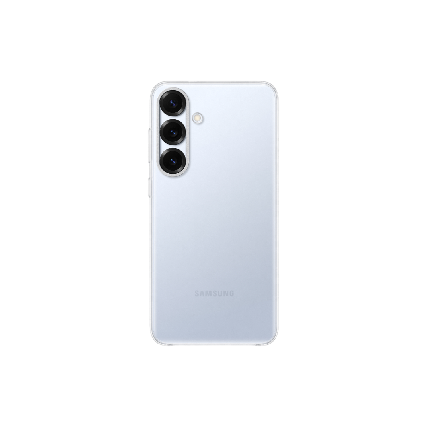 Lichtblauwe telefoonachterkant met drievoudige camera en Samsung-logo.