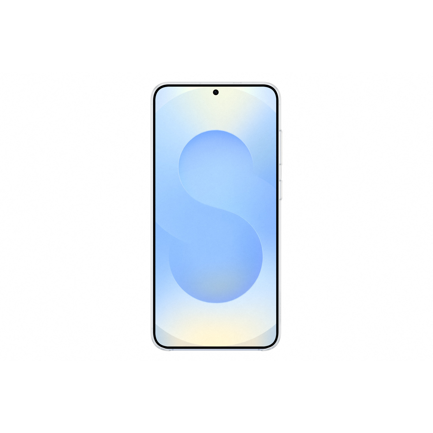 Een telefoonscherm met een blauwe S-vorm op een lichtblauwe achtergrond.