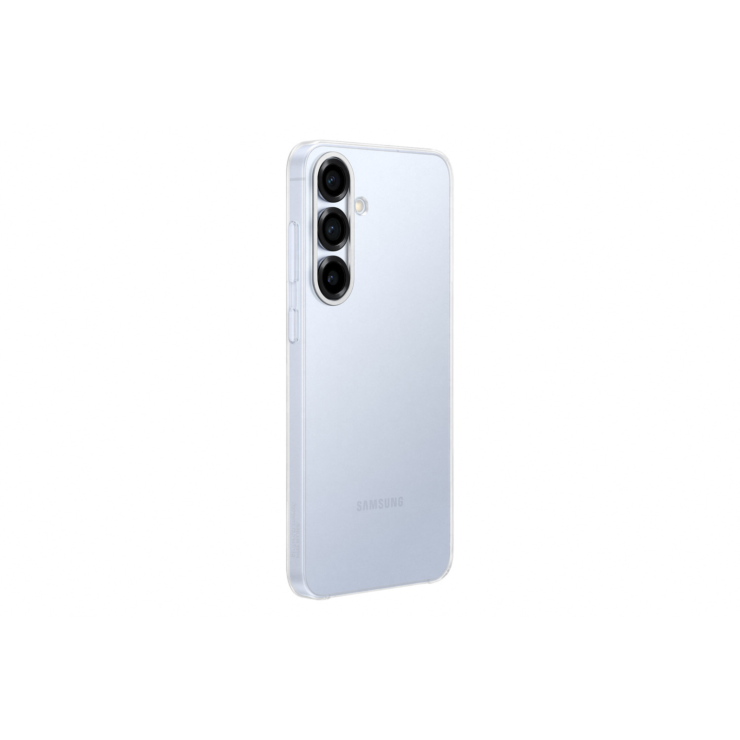 Een lichtblauwe telefoon met drie cameralenzen op een witte achtergrond.