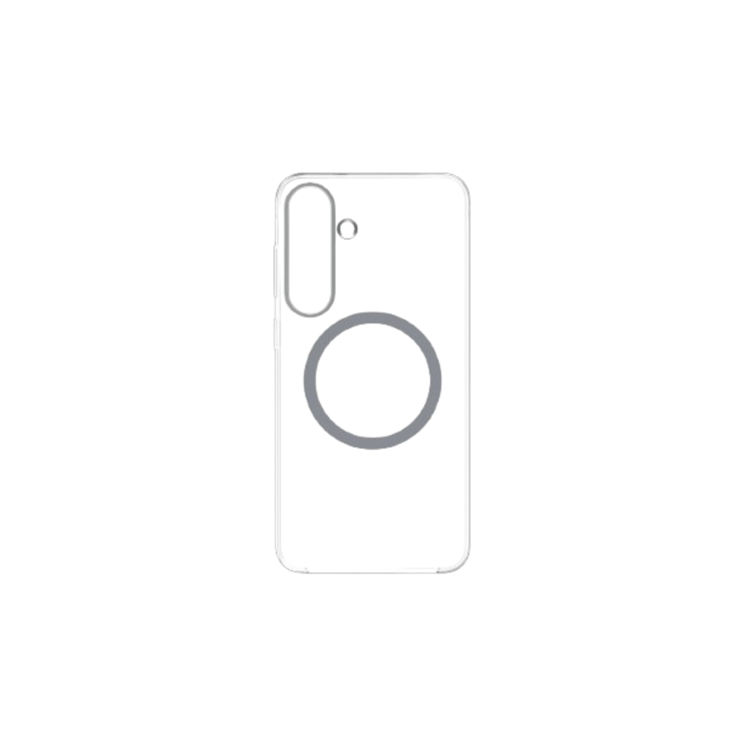 Een witte omtrek van een telefoonhoesje met een cirkel en een camerabult op een zwarte achtergrond.