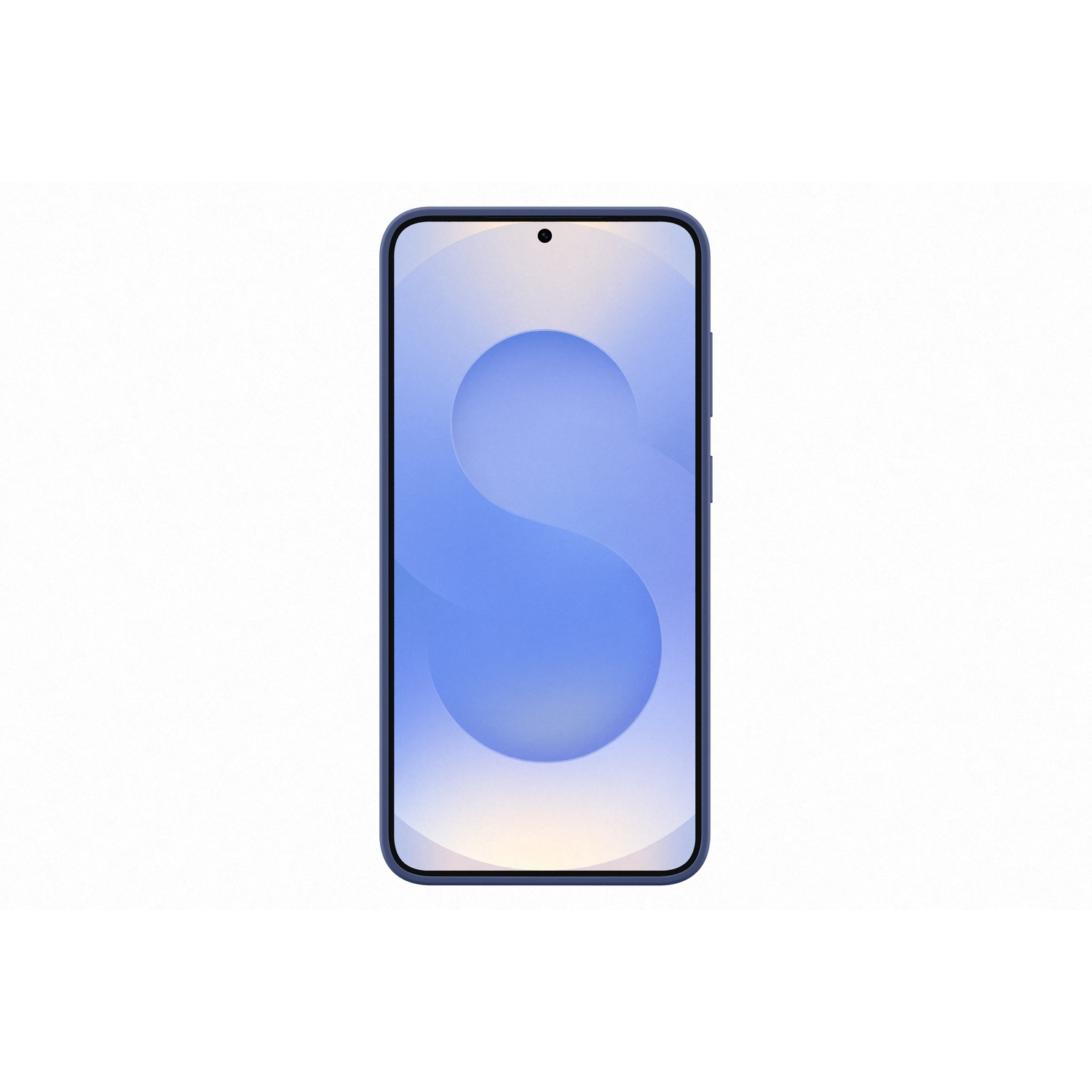 Téléphone bleu avec un design en forme de 'S' bleu clair sur l'écran, sur fond blanc.