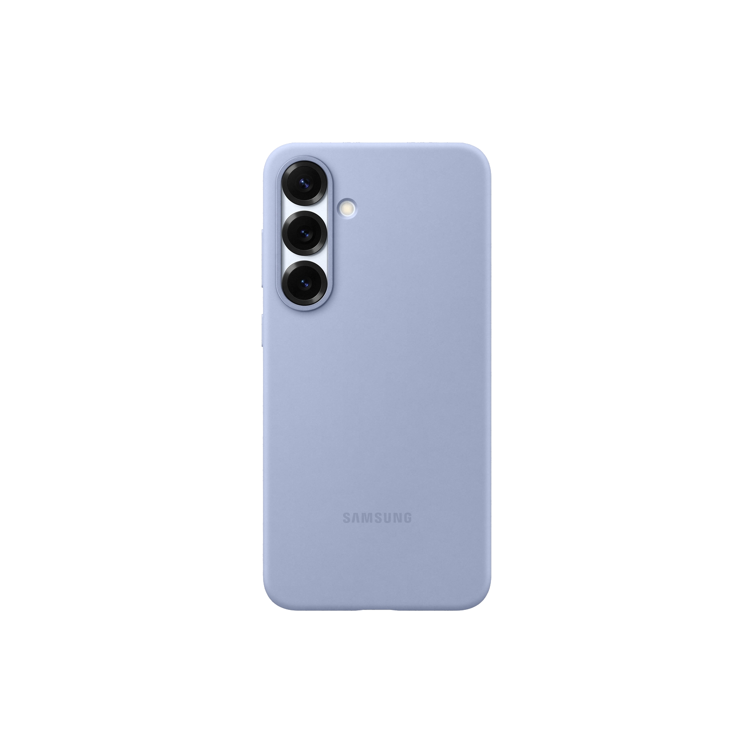 Coque de téléphone Samsung bleu clair avec trois caméras. Logo Samsung en bas. Fond noir.