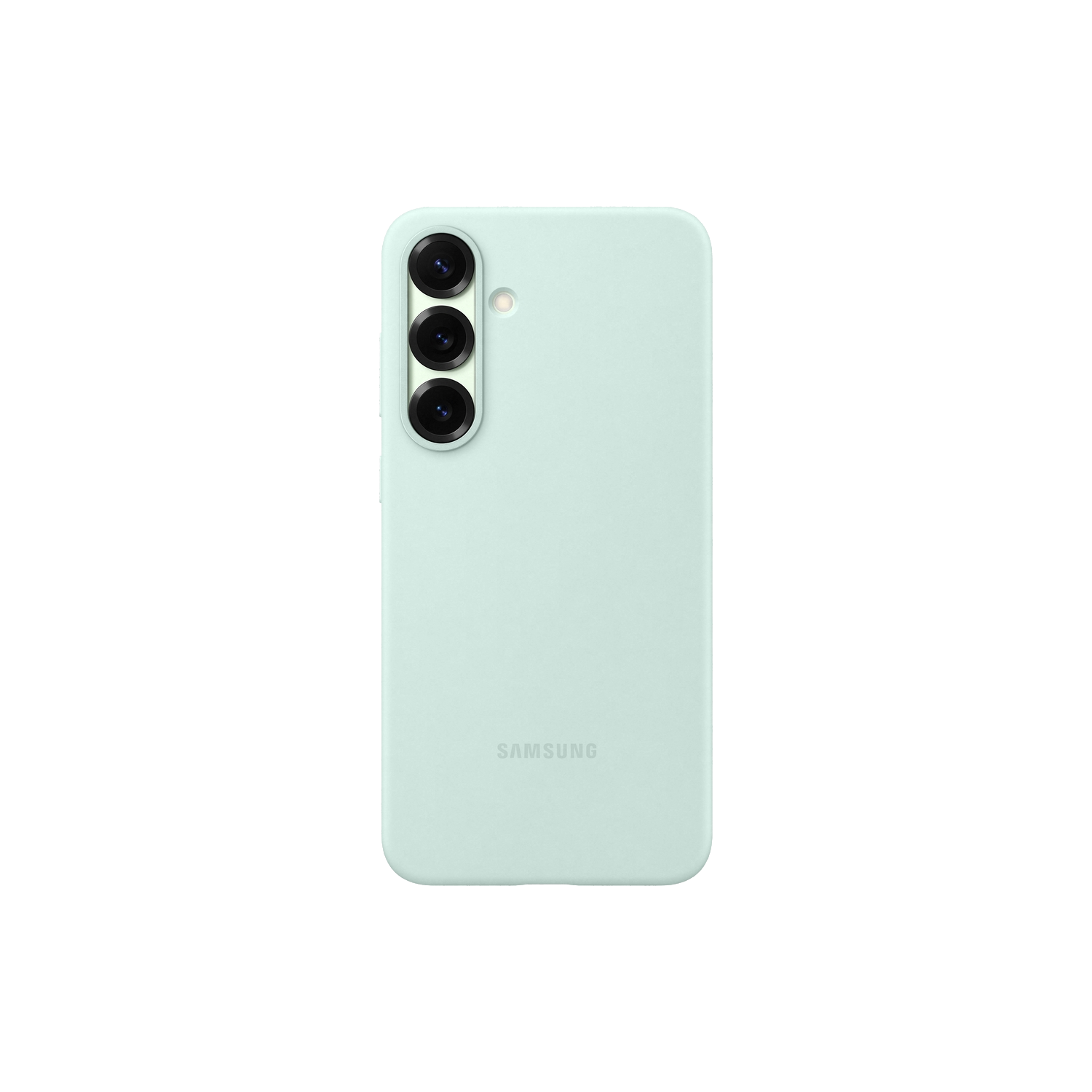 Coque vert menthe avec trois caméras et le logo Samsung.