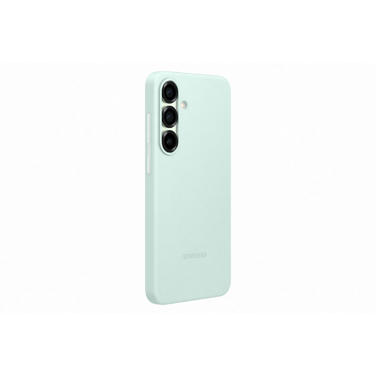 Coque de téléphone vert clair avec trois objectifs. Le logo Samsung est visible. Fond blanc.