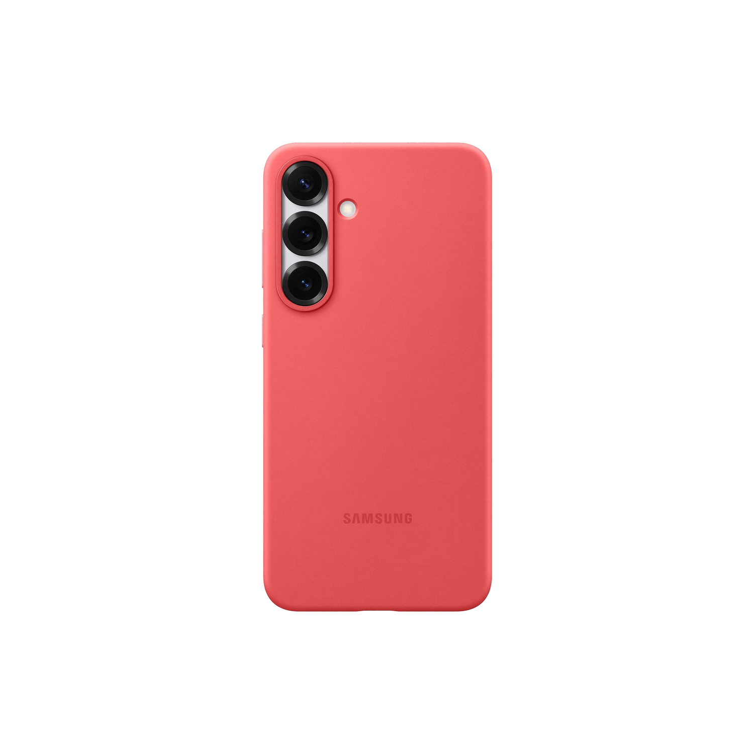 Coque de téléphone rouge avec trois caméras. Logo Samsung en bas.