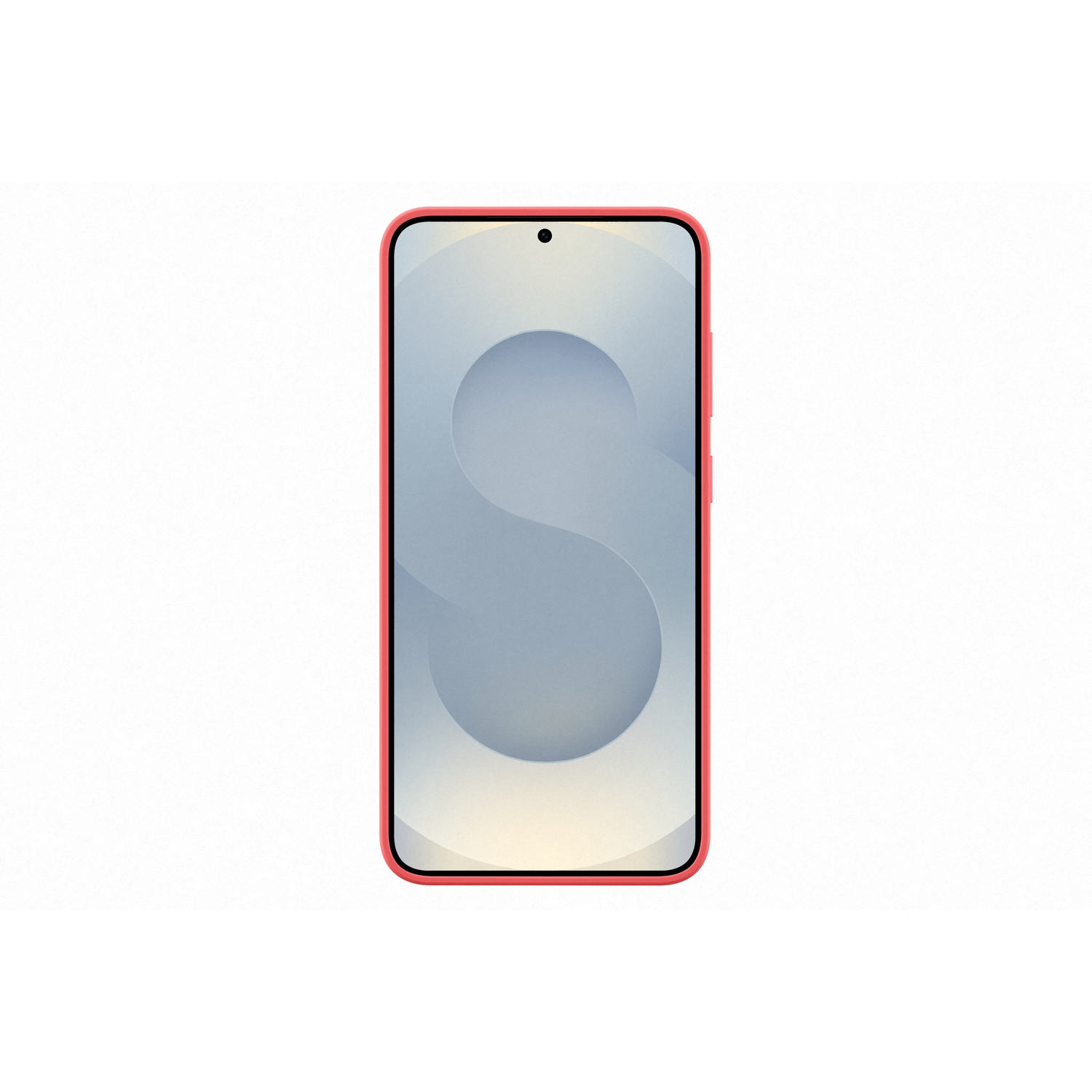 Façade de téléphone rouge avec un écran affichant un S blanc et bleu. Fond blanc.