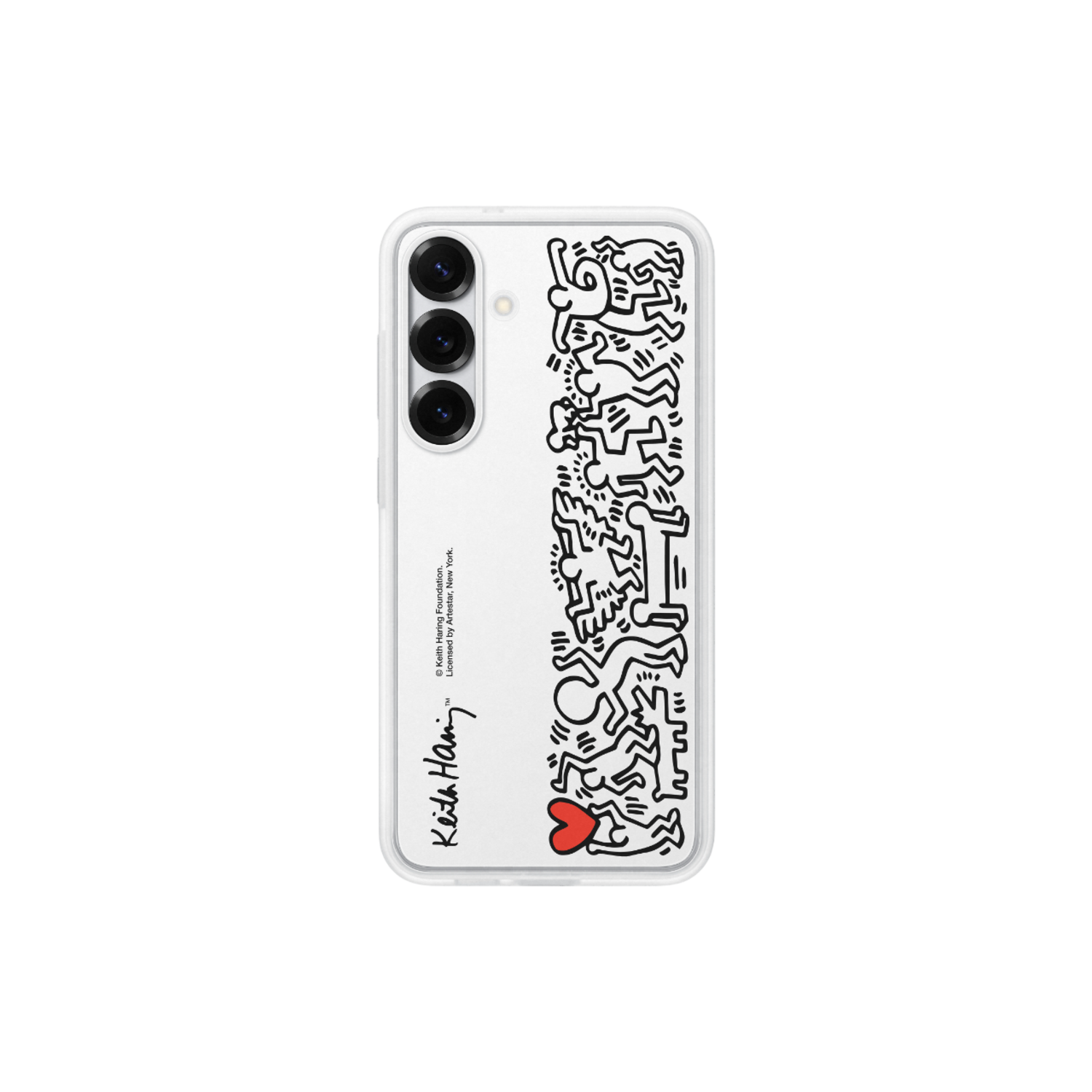 Coque de téléphone blanche avec œuvre de Keith Haring et cœur rouge.